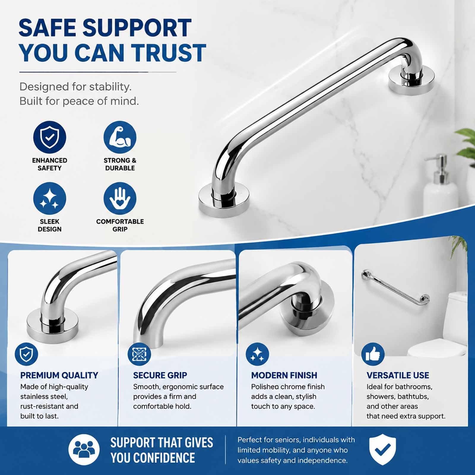 Barra De Apoyo para Discapacitados, Antideslizante Y De Fácil Acceso, con Montaje En Pared De Acero Inoxidable Curvado A 135° para Baños Y Residencias De Ancianos.(30cm)