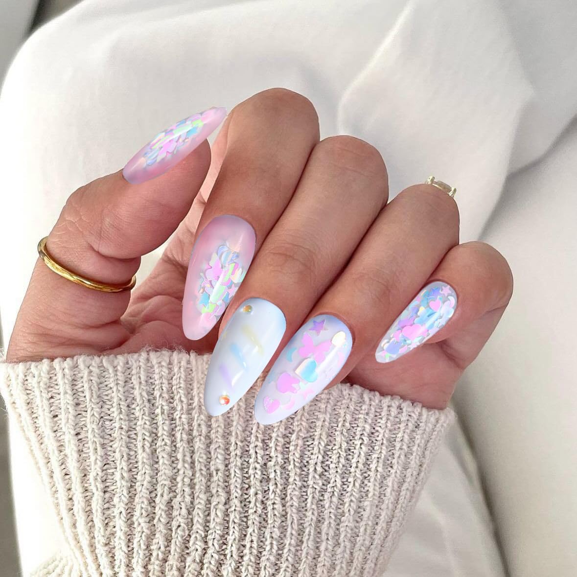Holographic Nail Art Sequins, Iridescent Candy Colors Nail Confetti, 3D Chunky Laser Glitter Nail Flakes, Alphabet Star Heart Shapes, 3mm, DIY Manicure Decoration (Star,Heart,Rabbit,Butterfly-12Grids)