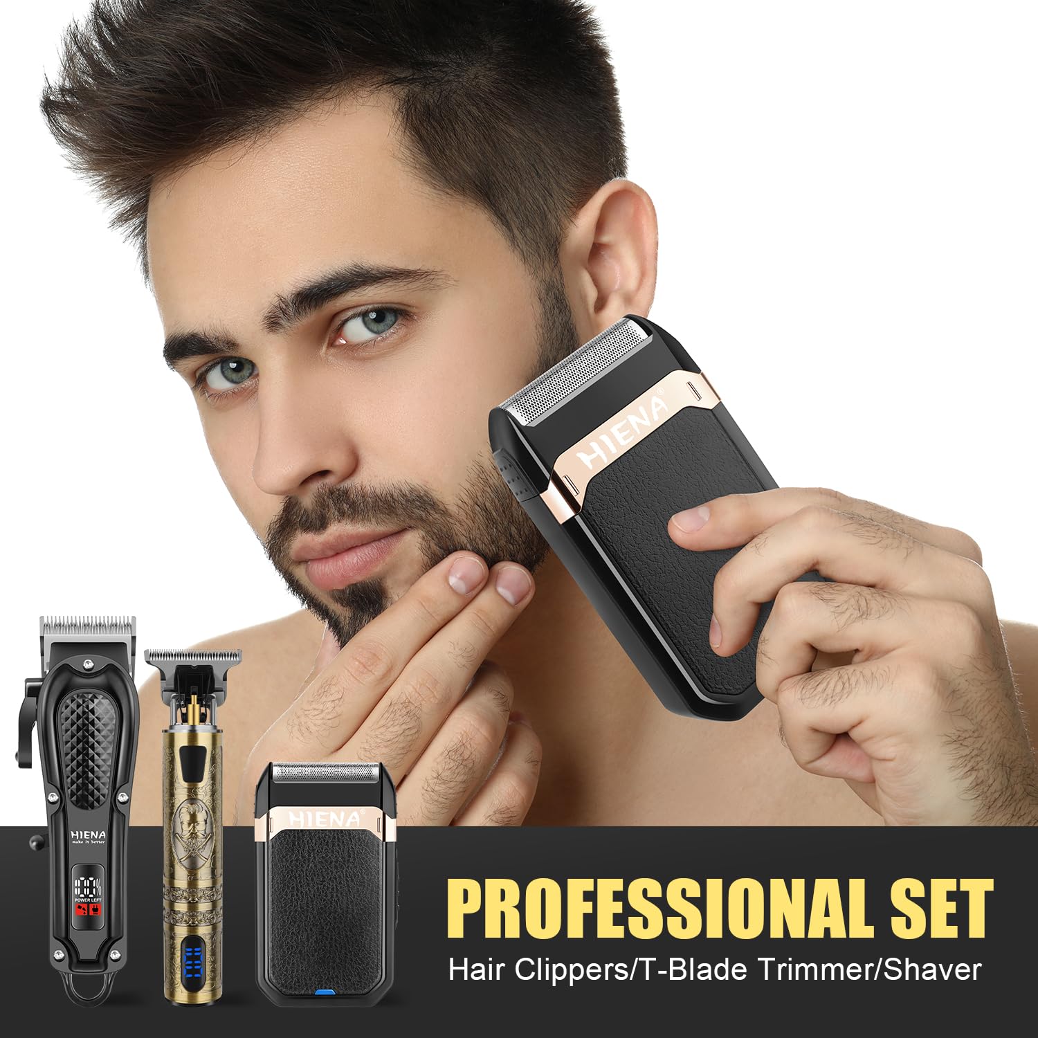 HIENA PRO Professional Hair Clippers Men Cordless Beard Trimmer Rechargeable Foil Shaver for Men Hair Cutting Kit for Barber Set including LED Display - Image 2