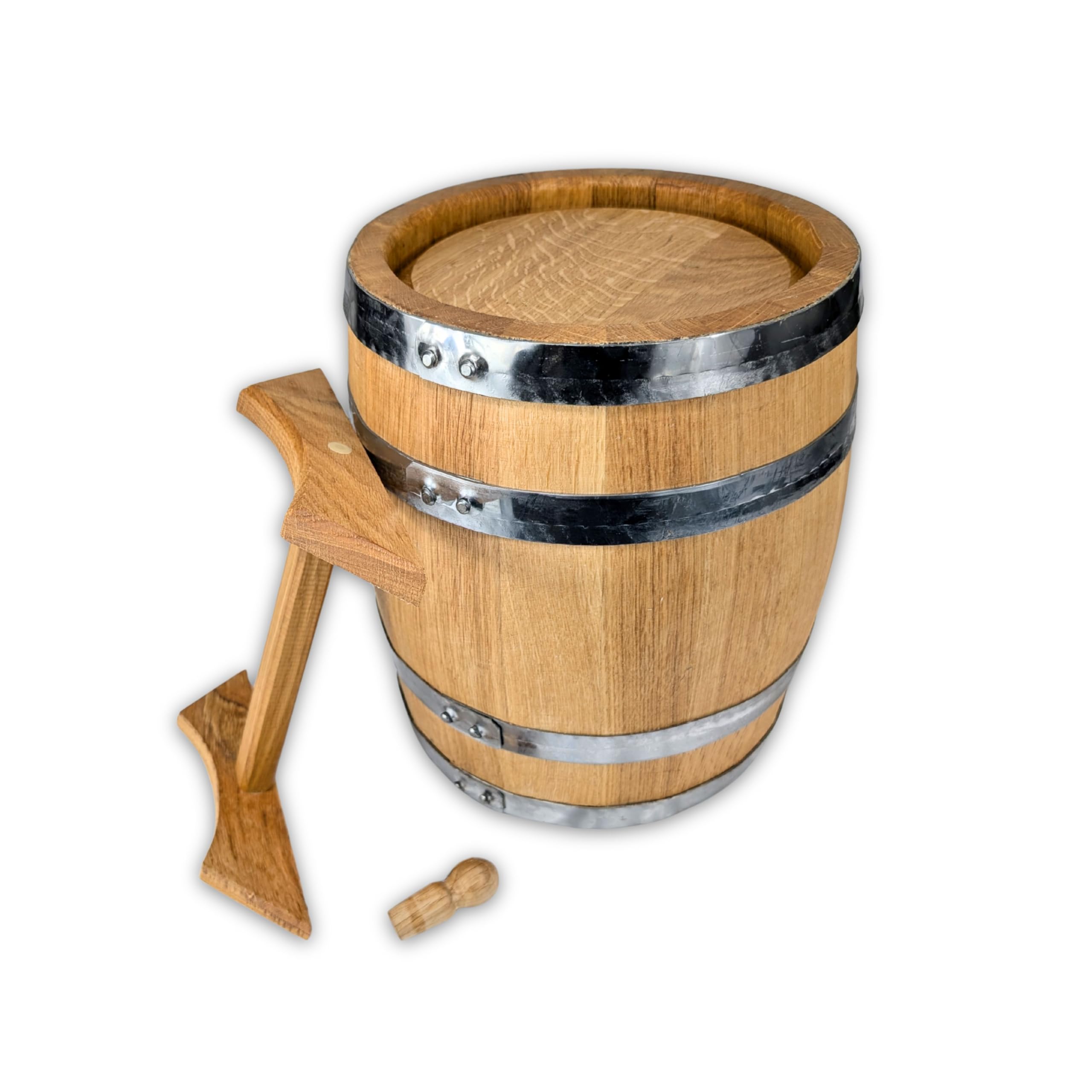 Eichenholzfass Holzfass 10L OHNE Hahnbohrung – Handgefertigtes Reifefass aus Stieleiche für Whisky, Wein & Schnaps – Innen ausgebrannt (Medium+), Edelstahlreifen, gewachst