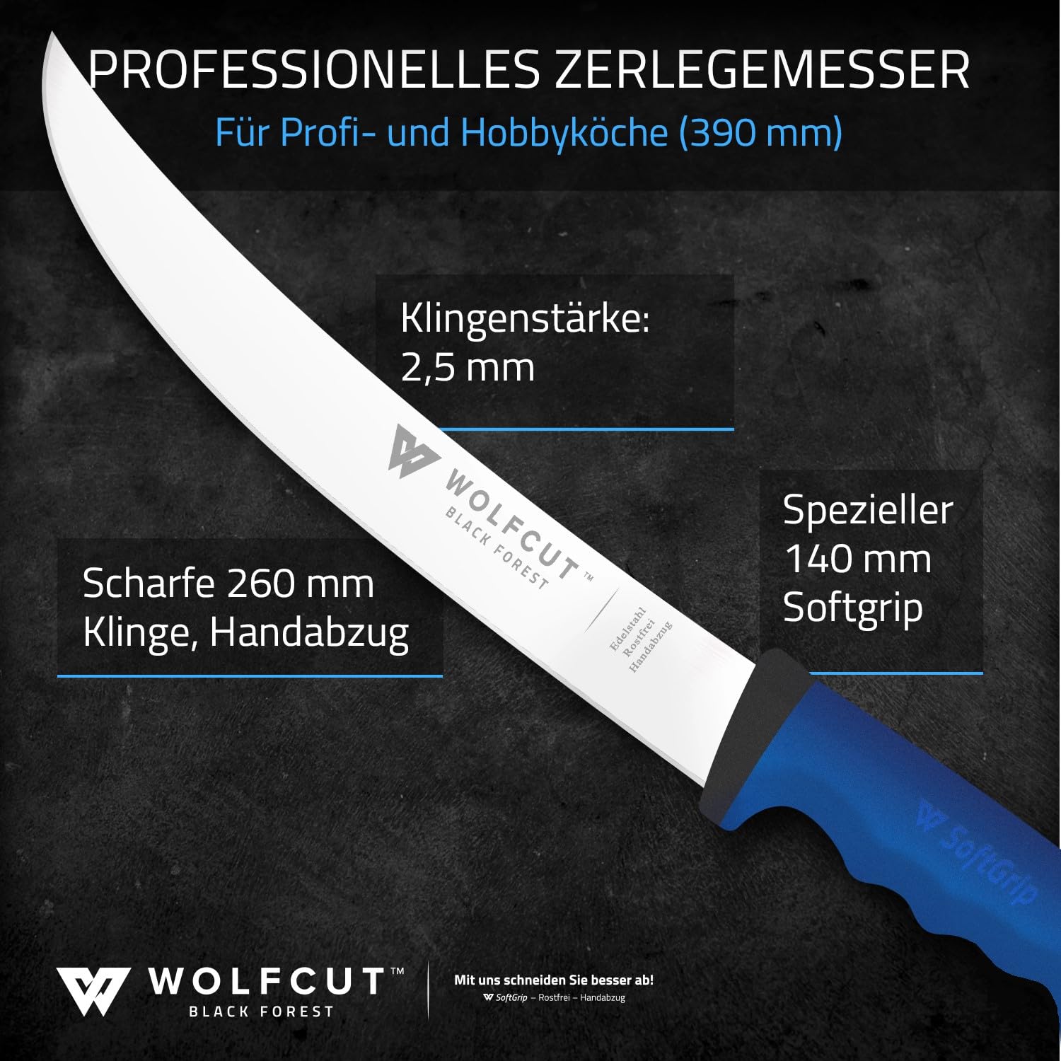 Wolfcut SoftGrip seria BLUE – 5-częściowy zestaw noży rzeźniczych – nóż do filetowania 13 i 15 cm, nóż do wykrawania, nóż do krojenia