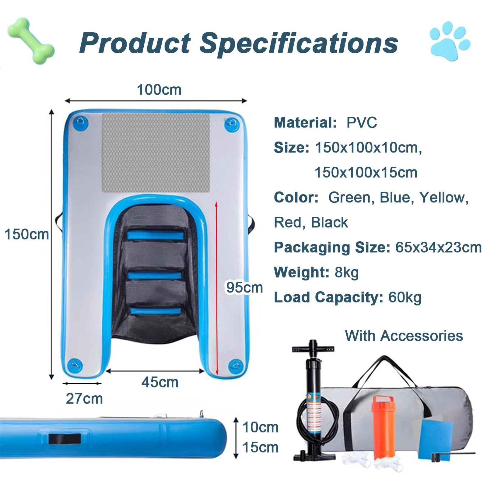 Rampa gonfiabile per cani, pieghevole e portatile, soluzione di accesso all'acqua per animali domestici, include pompa, corda e kit di riparazione per una facile uscita dalla piscina o dal molo