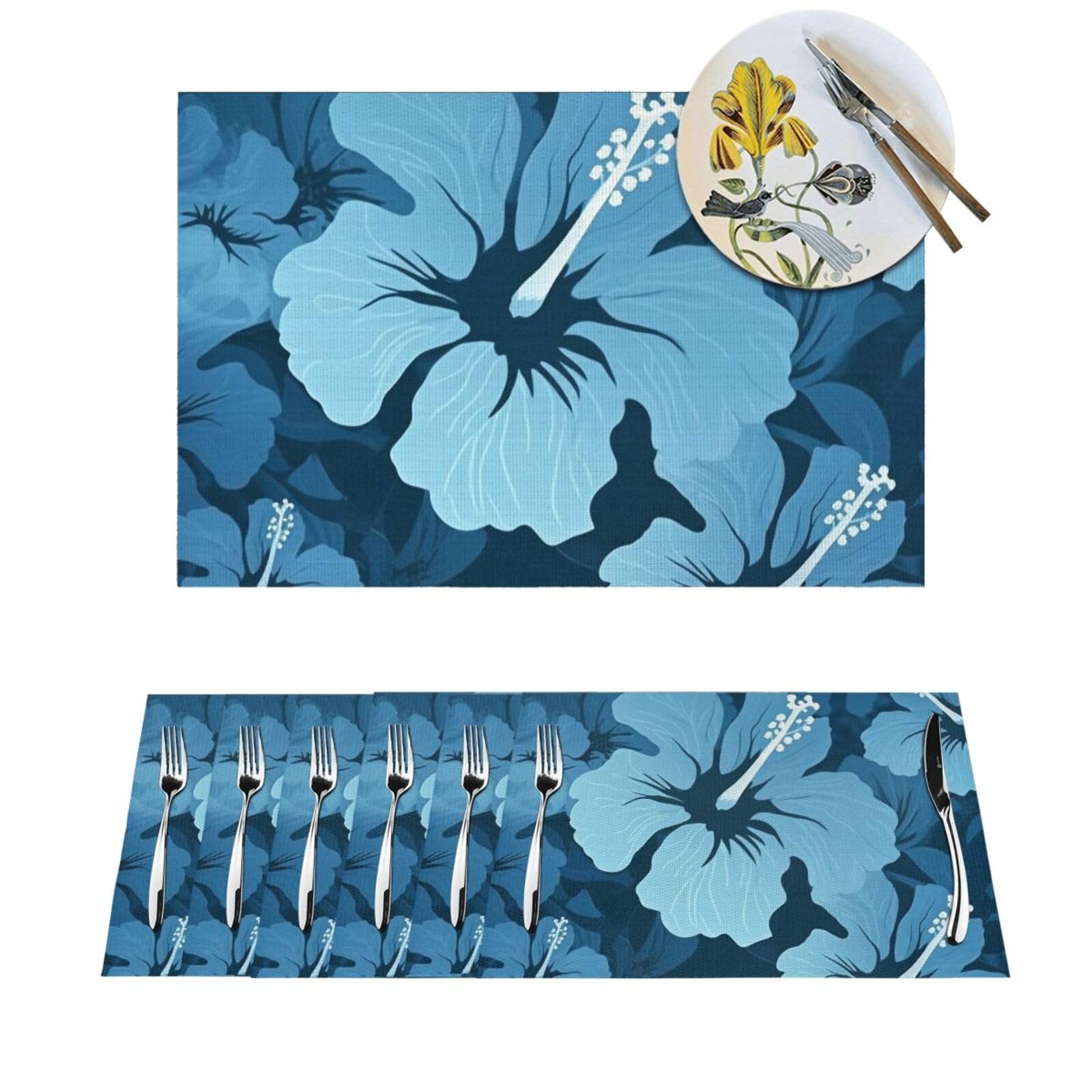 Sets de table motif hibiscus bleu pour décoration de table de cuisine conviviale