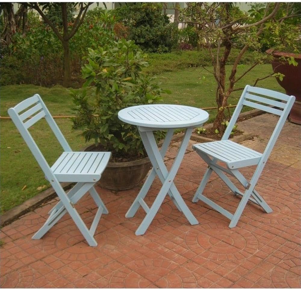 Pemberly Row 3 Pc Folding Patio Bistro Set, Premium Acacia Hardwood, Sky Blue Painted Finish, Water-Resistant UV Protection, Includes 22" Round Table and 2 Foldable Chairs, Outdoor Furniture for
