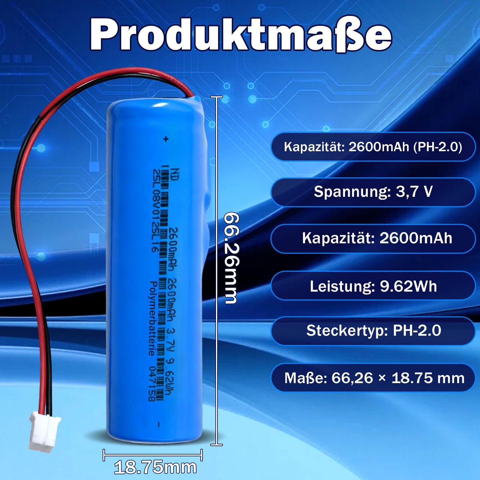 Batería recargable de iones de litio de 3,7 V 2600 mAh con conector XH2.54/2P. Comprueba antes de comprar la polaridad del dispositivo y del conector (1 pieza, 2600 mAh PH2.0) - 3