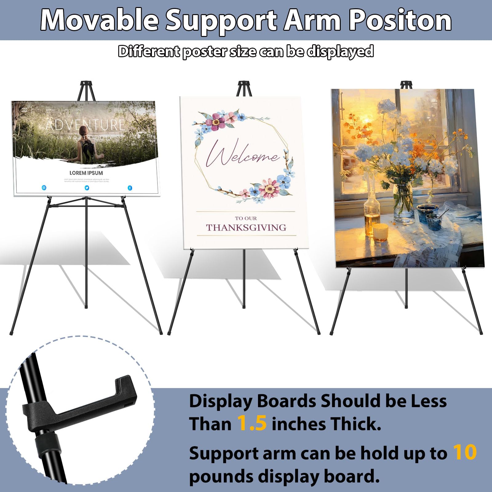 Cavalletto per cartelli, supporto per foto, treppiede nero con aste di supporto, supporto per matrimonio, poster, confezione da 6