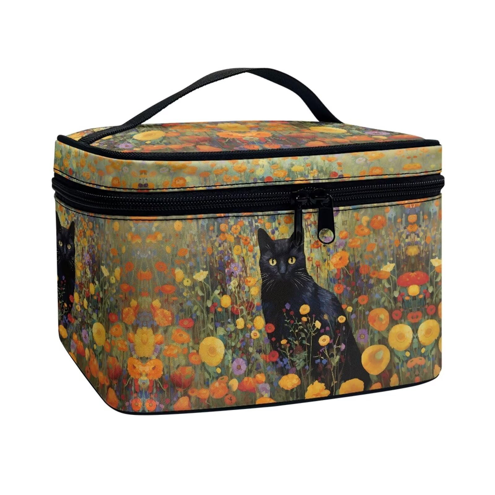Drydeepin Black Cat Vibrant Floral Pattern Travel Makeup Bags for Women Portable Tote Cosmetic Case with Carry Handle Toiletry Accessories Storage