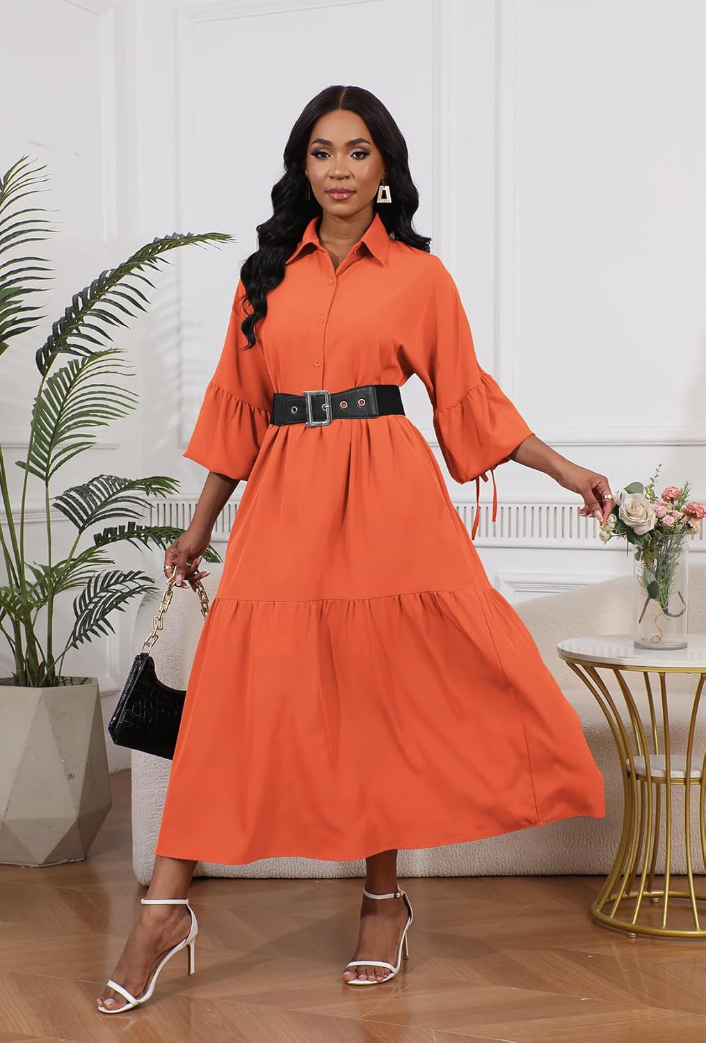 Women's Long Sleeve Maxi Shirt Dress Elegant Button Down Loose Swing Party Dress - Image 3