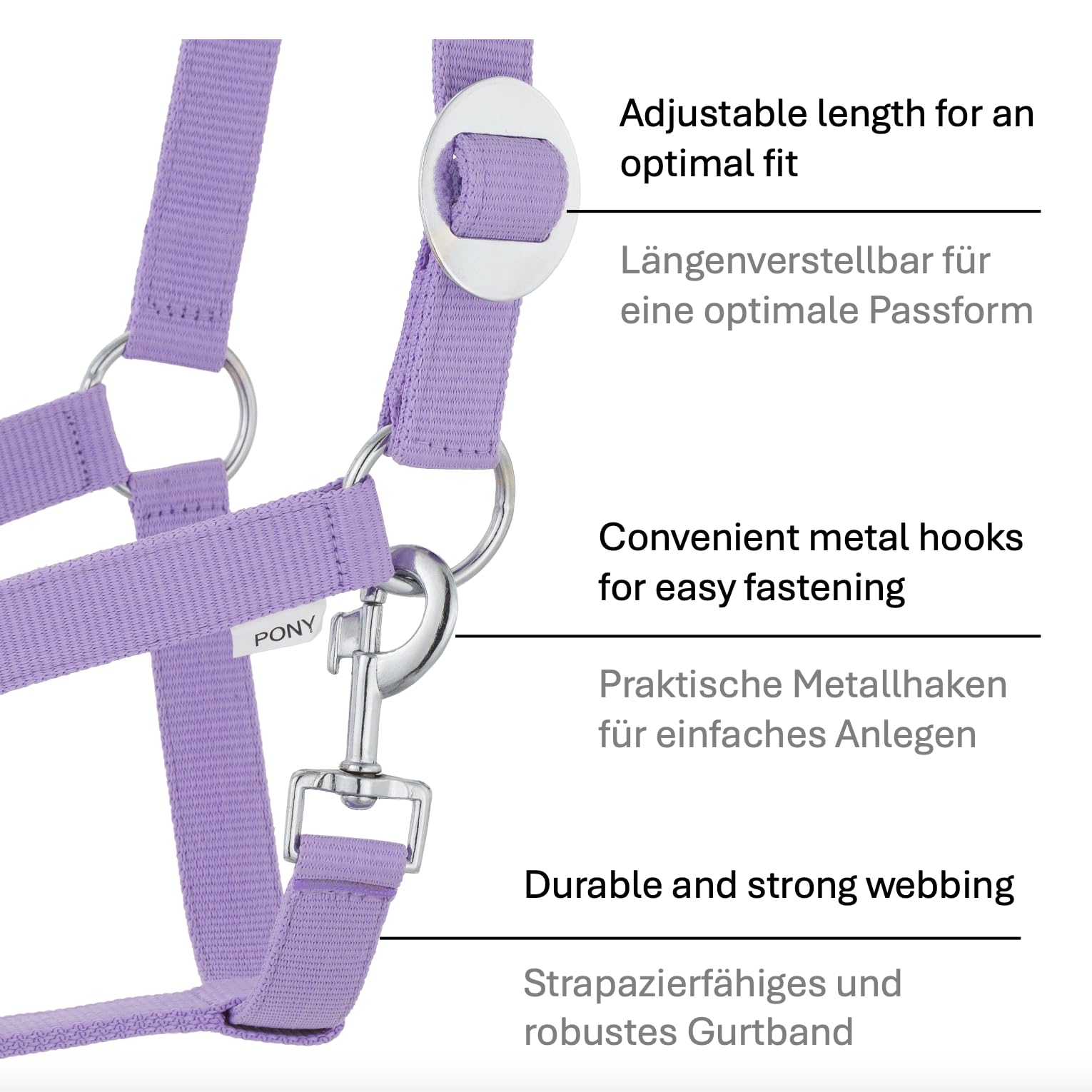 JA4002 Halfter Führstrick Set mit Panikhaken verstellbar Pferdehalfter Pferd Holzpferd Anbindestrick (Panikhaken Lavender, Pony)