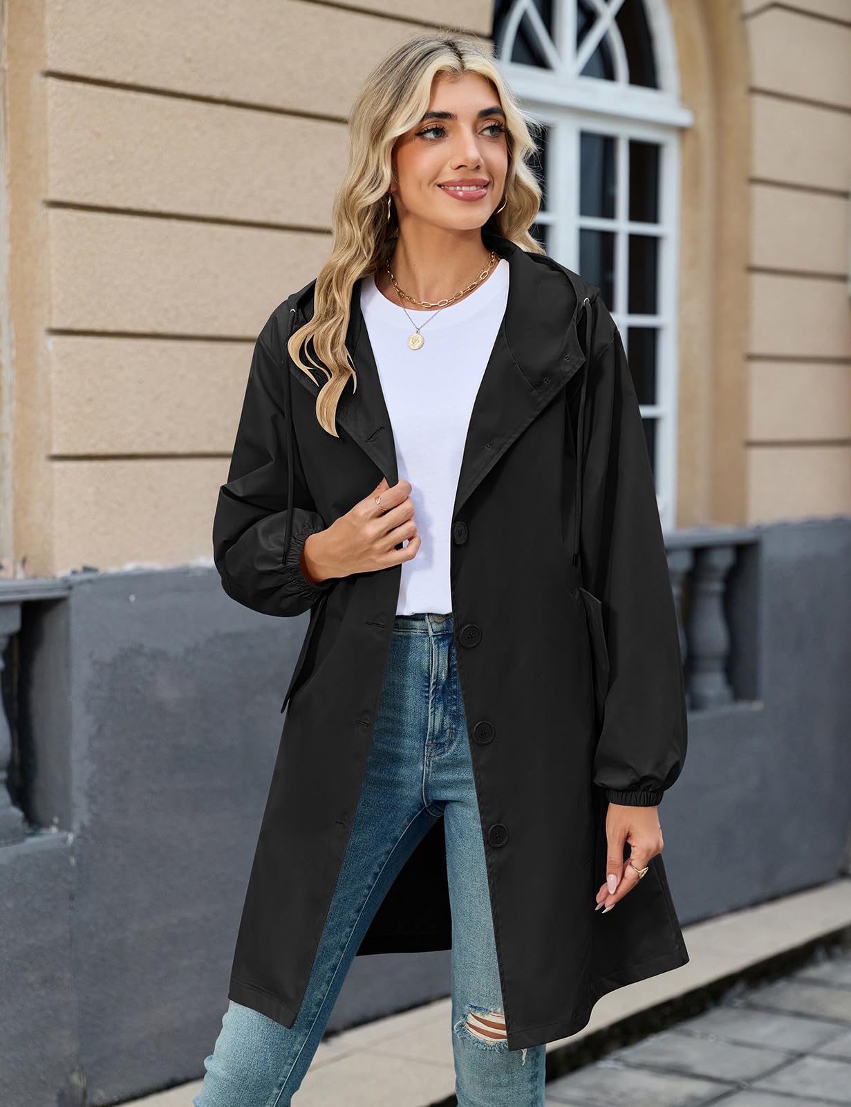 CMTOP Mantel Damen Lang Elegant Leichte Trenchcoat, Klassische Einfarbig Mäntel Winddichter Übergangsmantel Wasserabweisend Windjacke mit Taschen, Kapuze für Herbst Frühling Sommer