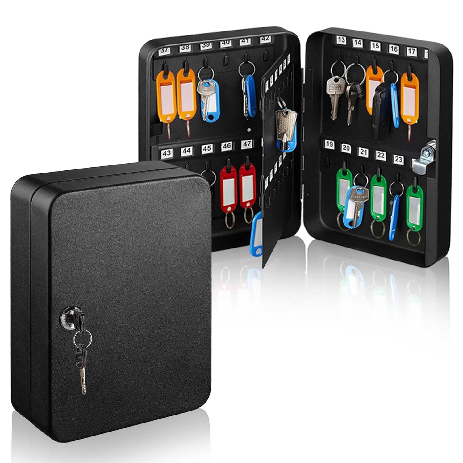 Suptiks 48 Keys Key Lock Metal Wall-Mount Security Key Cabinet with Key Tags Lockable Key Organiser for Home Office Shop Rental Properties (Black)-image-12