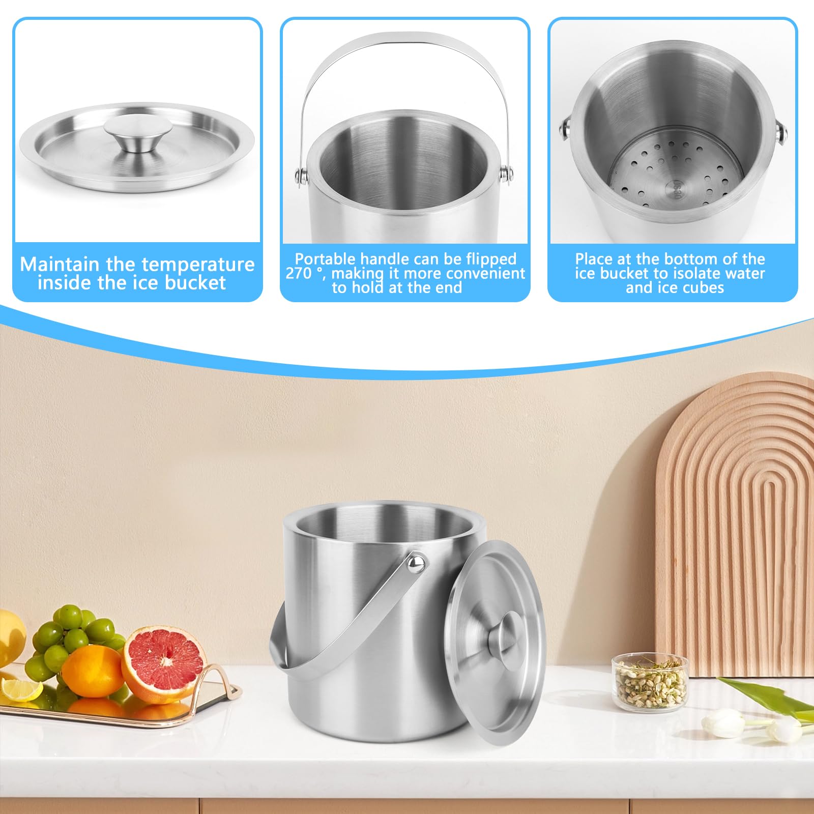 NVIYAM 2L Secchiello per Ghiaccio,a Doppia Parete Secchiello Ghiaccio per Vino Bottiglie Champagne,con coperchio, pinze, colino e manico,con Coperchio Manico e Pinzeper Casa Bar Feste