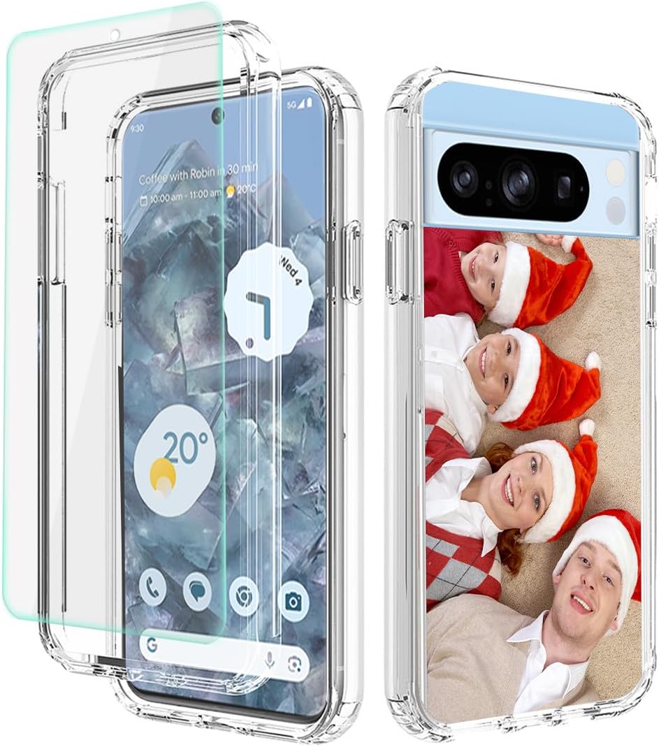Custom Phone Case for Google Pixel 8 Pro 5G,Bumper Heavy Duty Photo Phone Case Shockproof Personalized Case with Screen Protector 3 in 1 Military Grade Full Body Protective Picture Phone Cover Clear