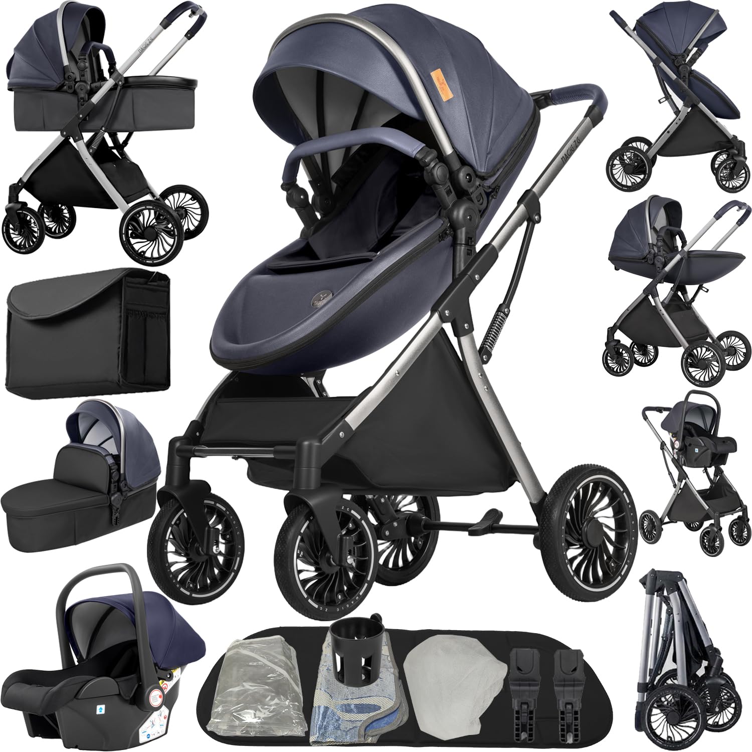 Magic ZC PU Leather 3 in 1 Pushchair Pram Travel System, Baby Stroller 3 in 1 with Reversible Two Pushing Modes, Newborn Infant Carriage One-Click Folding, Toddler Buggy Aluminum Frame (Black 518) — view 20