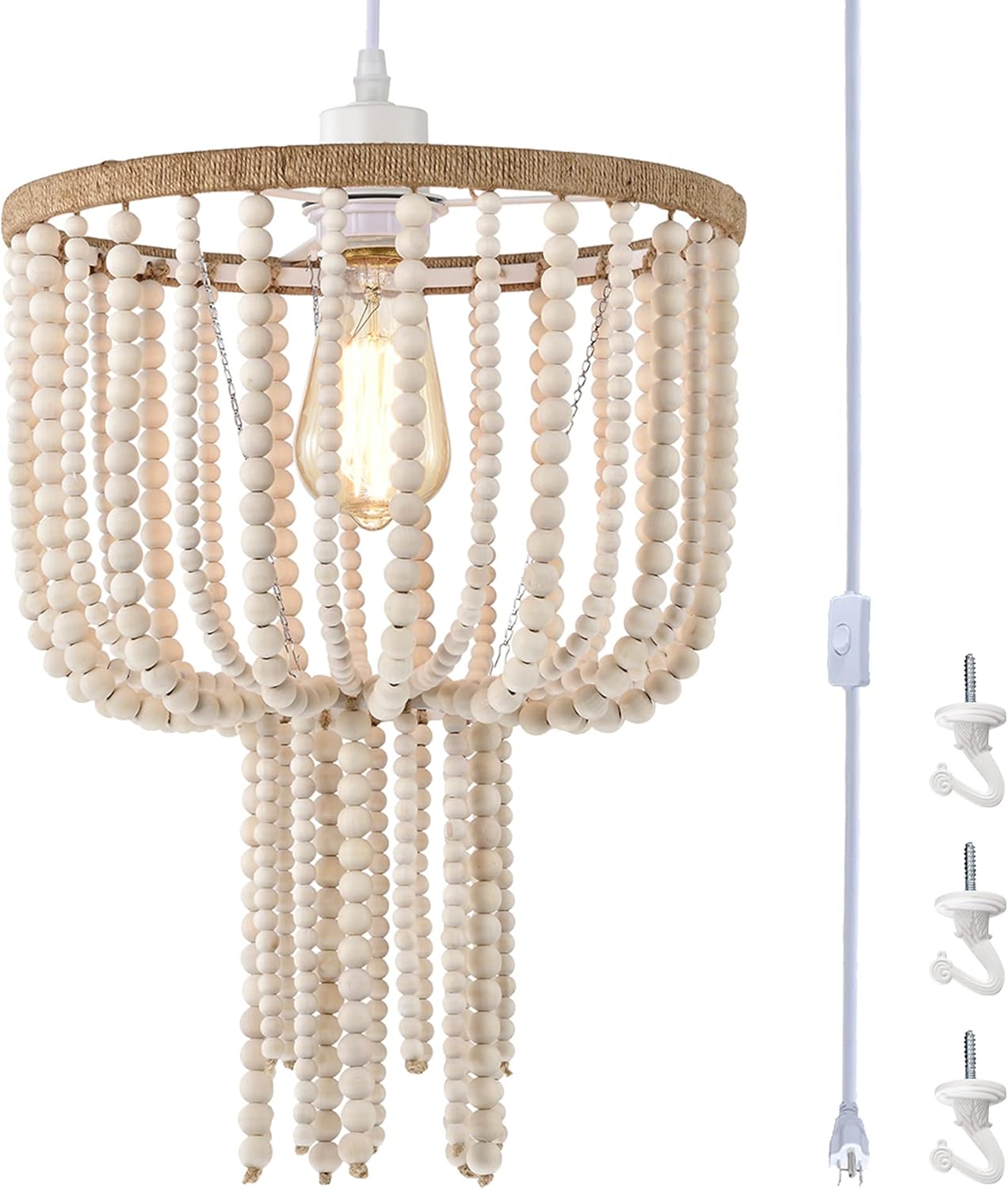 Boho Pendant Light Plug in with Cord Whitewashed Wood Beaded Plugin Chandelier 1Light Pendant