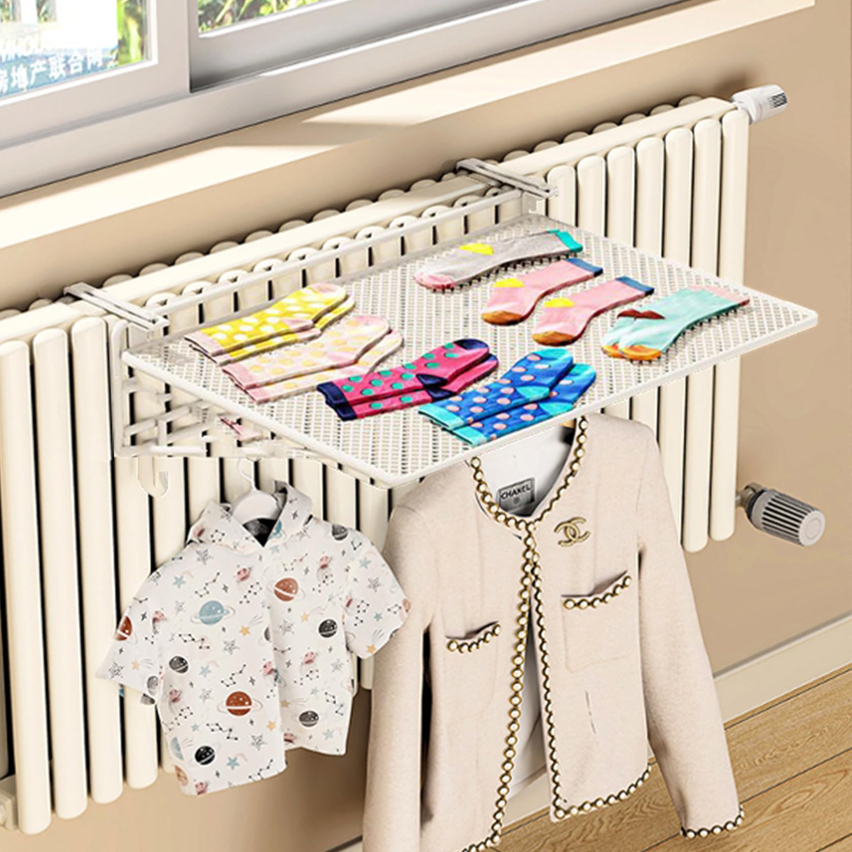 Porte-serviettes réglable pour radiateur et étendoir 2 en 1 blanc de 45 cm