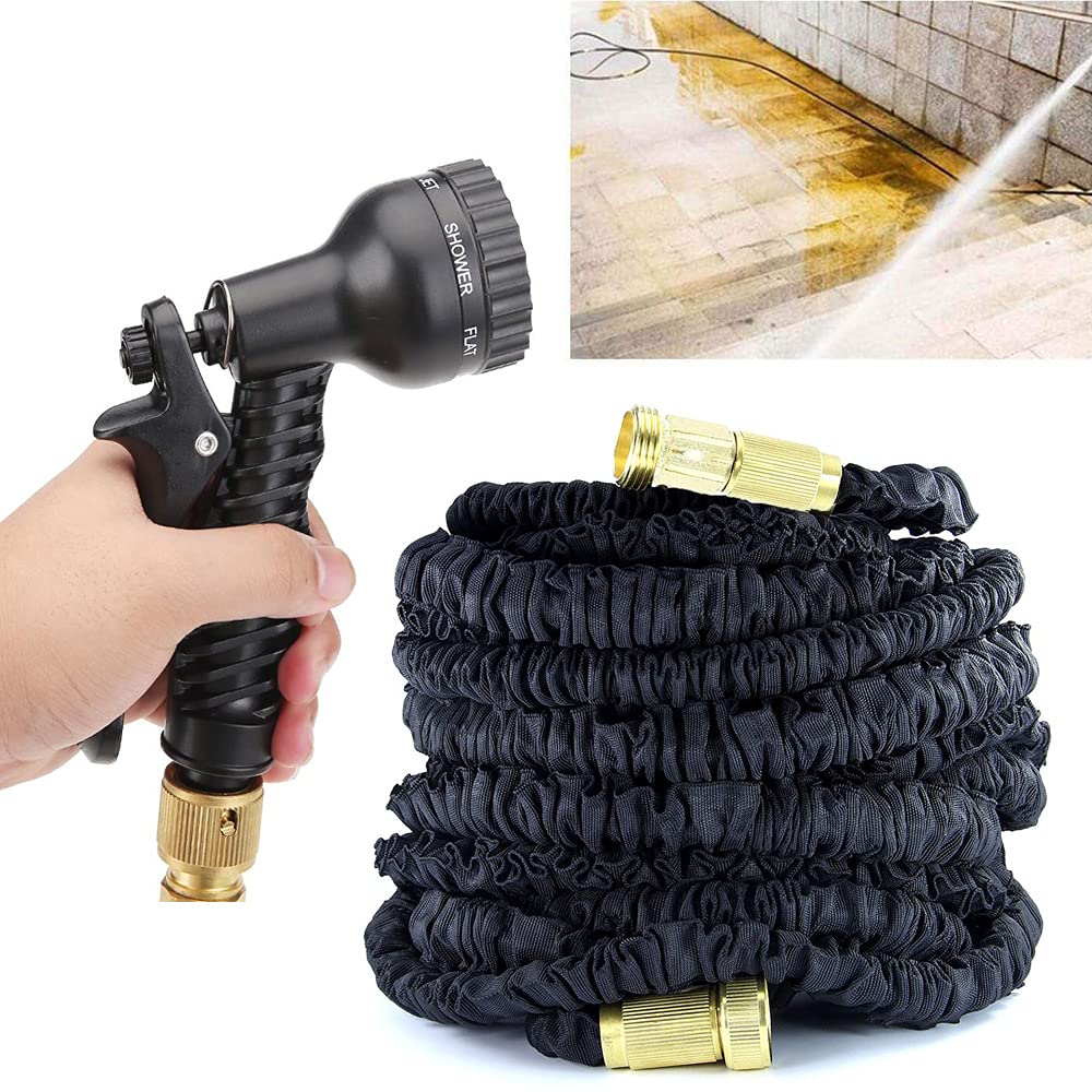 Garden Hose 100ft/30M, Expandable 3 Times with 7 Modes Water Spray Gun, Flexible Magic Water Pipe for Home, Garden, Patio and Car Cleaning (Black-100FT)