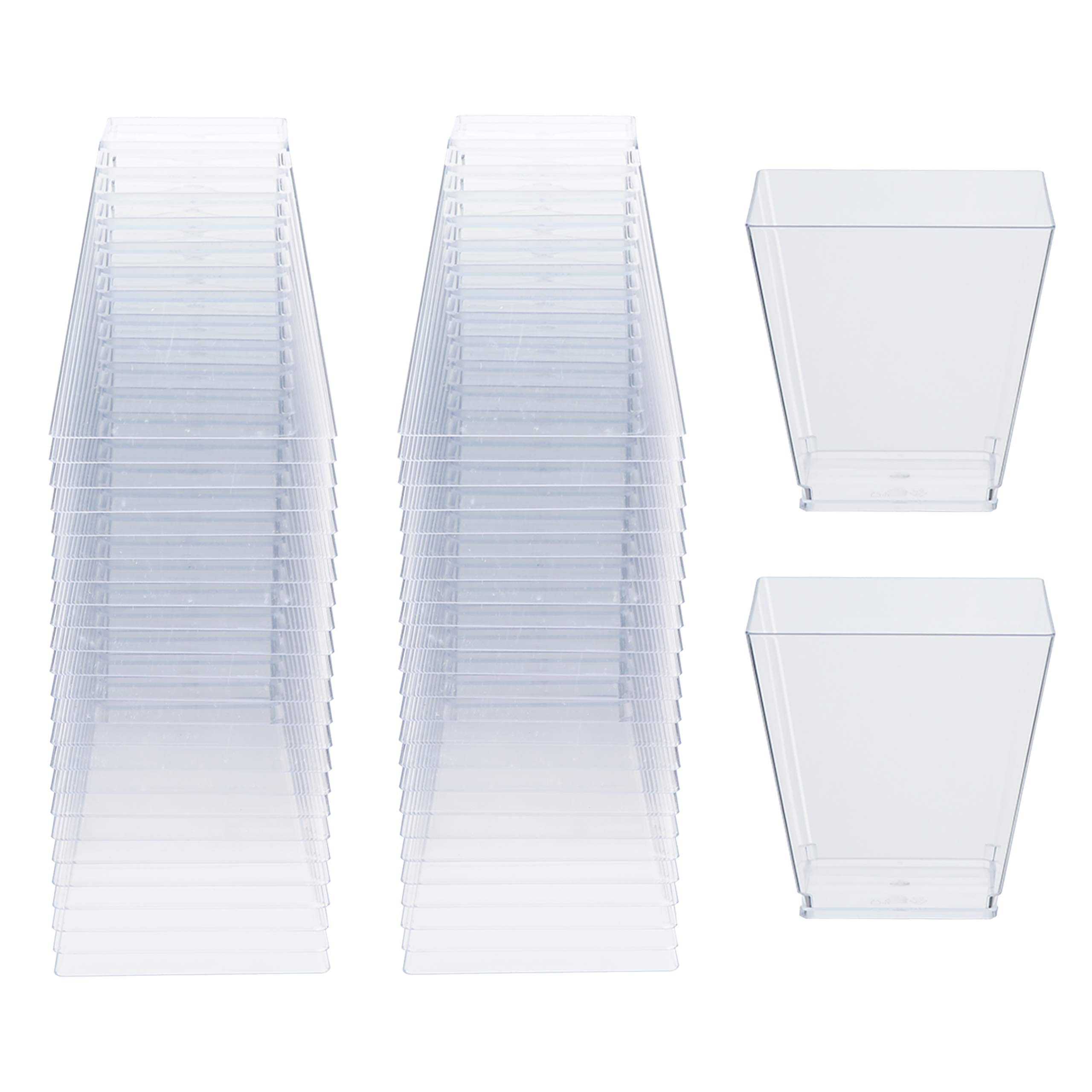 48 Clear Hard Plastic Dessert Cups (Square, 225ml) - Sturdy & Reusable - Dessert Pots for Appetisers, Puddings, Mousses, Parfaits, Trifles, Tiramisu, Cheesecakes