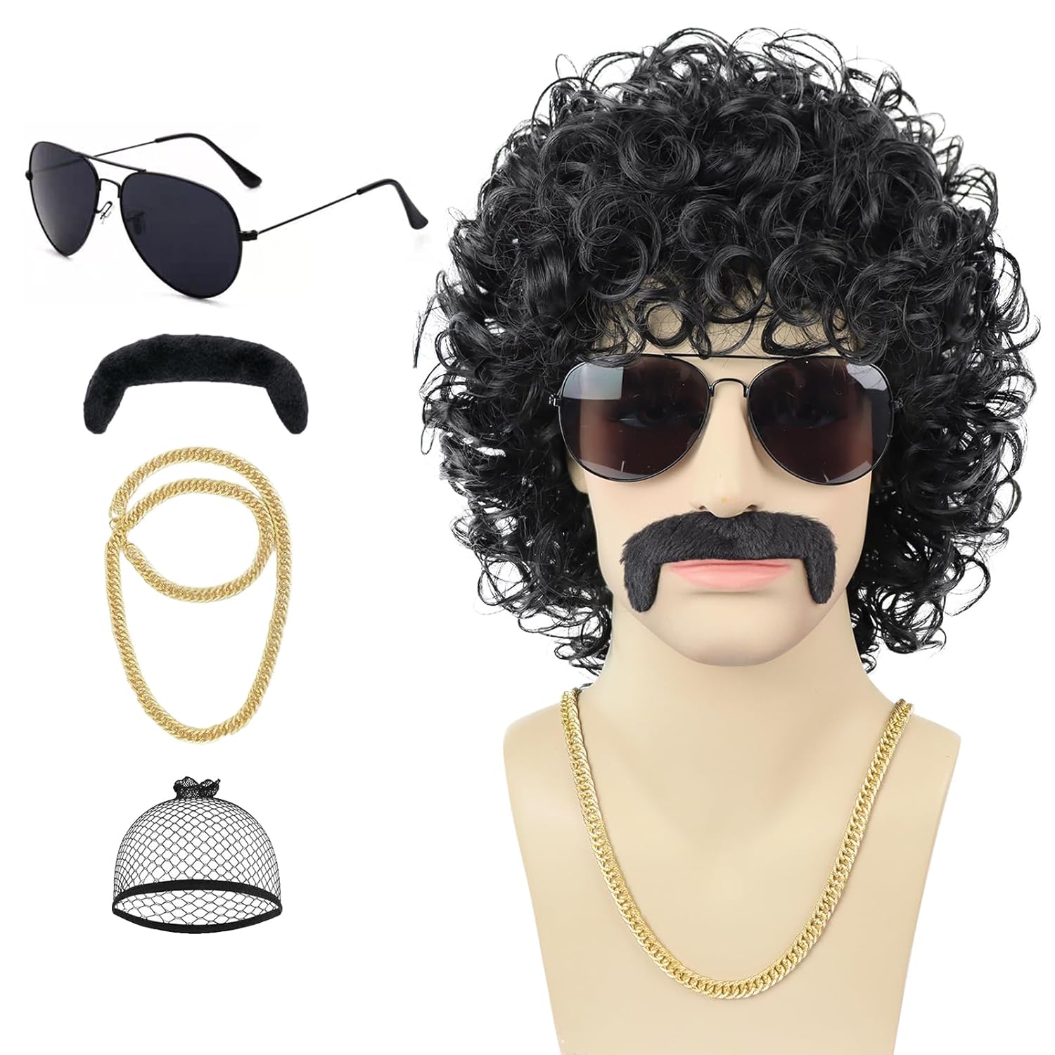 Mens Black Curly Wig + Glasses + Gold Chain + Mustache + Wig Cap 70s 80s Short Mullet Rocker Wigs for Costume Disco Party Cosplay Halloween Use（5pcs Set）