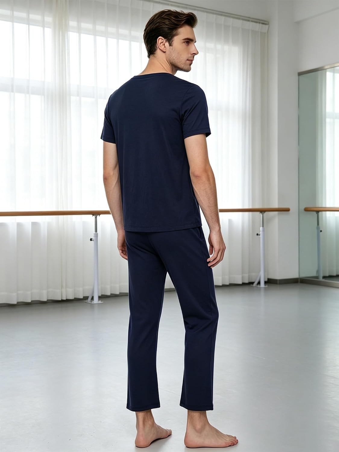 Oyolan Men Dance Practice Suit Round-neck Top + Loose Pants Training Performance Wear Modern Dance Yoga Garment Dark Blue Small