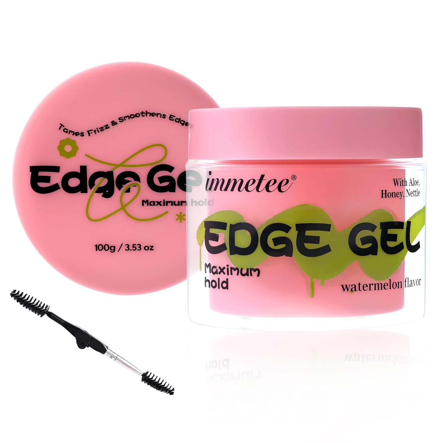 immetee Edge Gel, Frizz Control Strong Hold Hair Styling Gel with Edge Control Brush, Add Shine Flyaway Hair Tamer, Watermelon Flavor 100g. immetee Edge Gel, Frizz Control Strong Hold Hair Styling Gel with Edge Control Brush, Add Shine Flyaway Hair Tamer, Watermelon Flavor 100g.