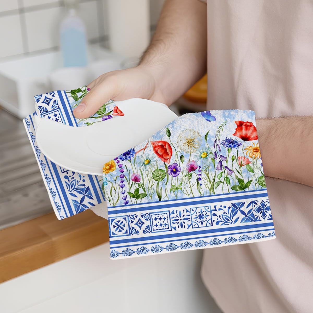 4Pcs Blue White Floral Kitchen Towels, Chinoiserie Watercolor Vibrant Wildflower & Geometric Patterns Hand Towels for Kitchen Home Decor, Absorbent Microfiber Dish Towel, Housewarming Gifts - Image 3