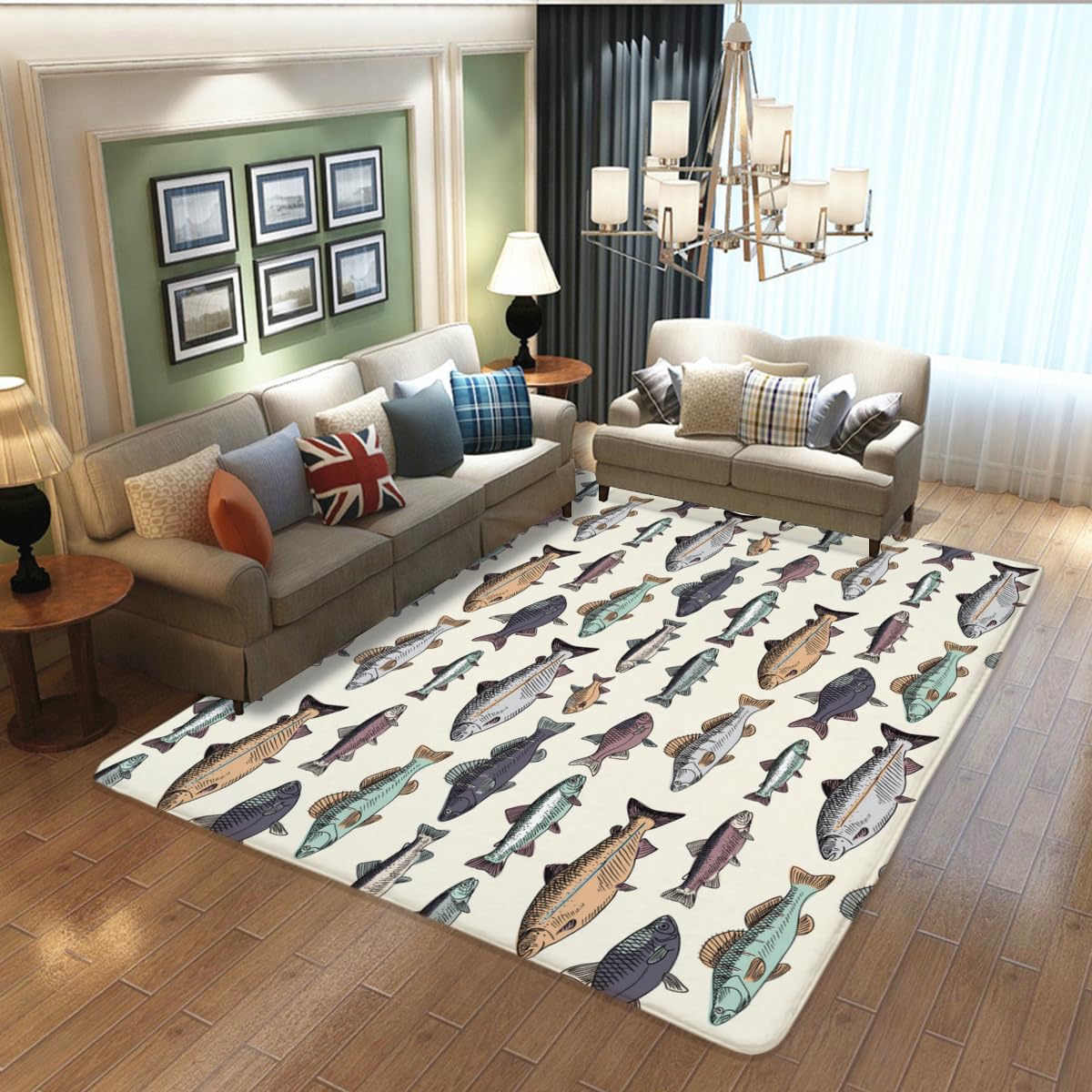 “Vintage 魚柄　ラグ　マット　カーペット Amazon｜魚柄 さかな カーペット 203cm×148cm 絨毯 ラグマット