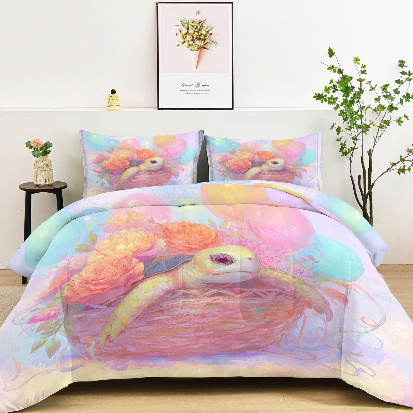 Pościel na 4 pory roku, 220 x 240 cm, bez poszewki na kołdrę i poszewka w jednym – kreskówkowy żółw, kwiaty, balon, różowy, niebieski, pościel – lato, oddychająca, nadaje się do prania, pikowana