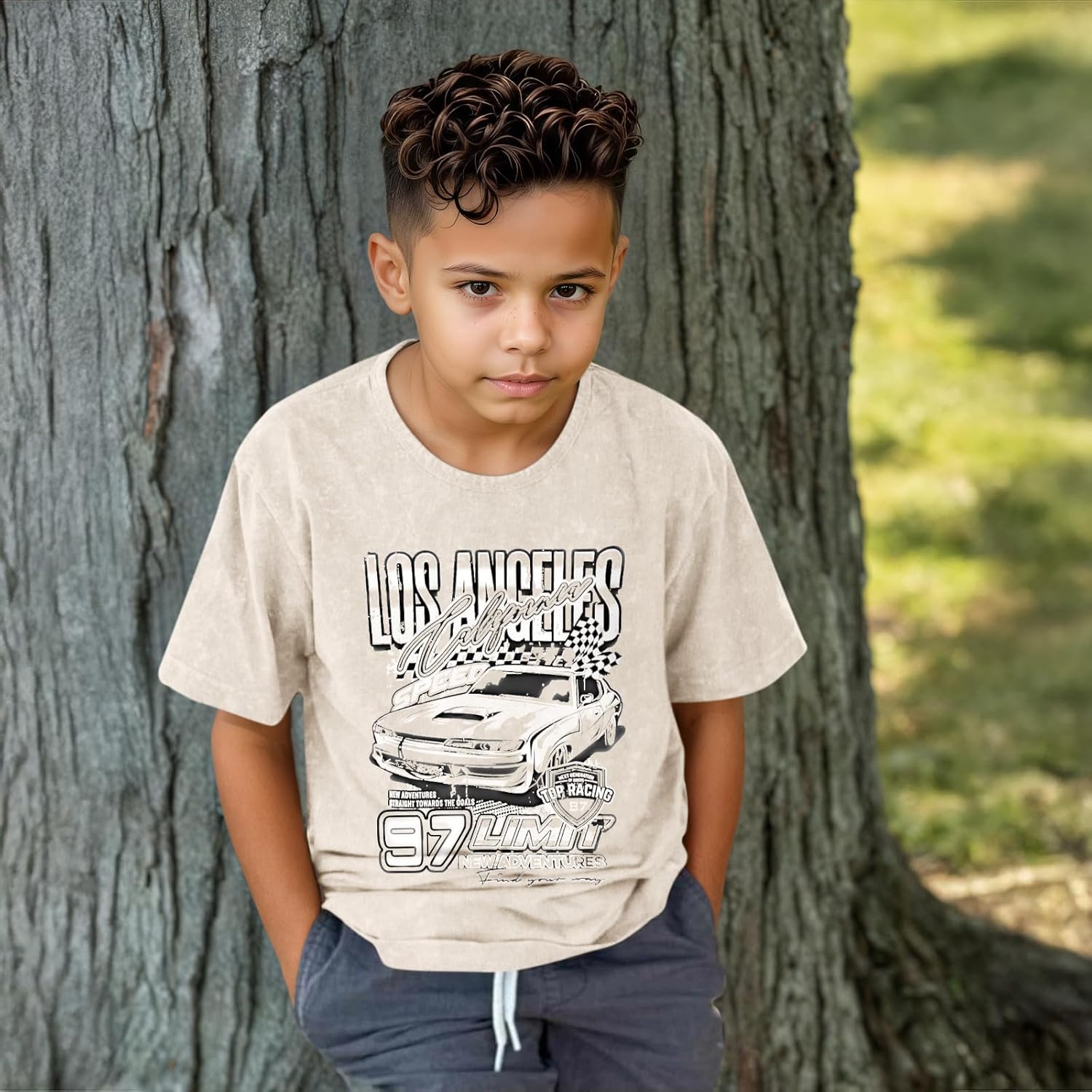 Oversized Boys Tshirts Car Graphic Cotton Tees Kids Acid Wash Vintage Tshirt Youth Short Sleeve Distressed Tops - Image 2