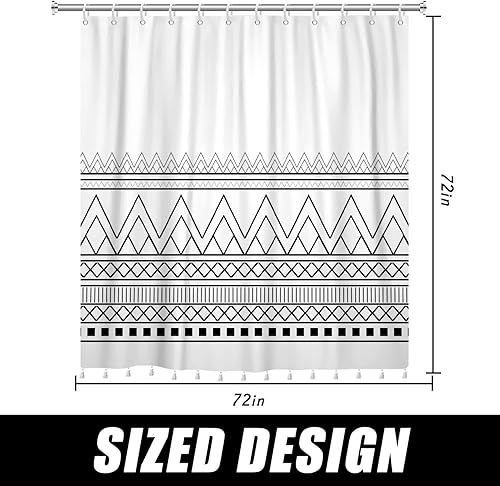 Miniatura 7 de RiePoiia Juego de cortina de ducha bohemia abstracta tribal geométrica con borlas, decoración de baño, tela de poliéster impermeable con 12 ganchos,