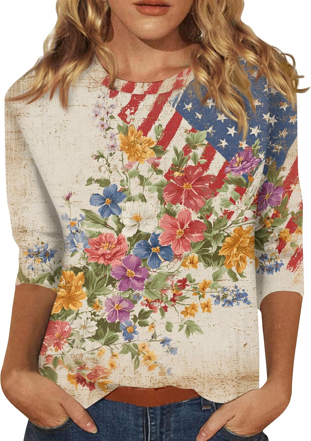 Women's 250 Anniversary USA Shirt, 4Th of July T-Shirts, 3/4 Sleeve Crewneck American Tops, S-3XL