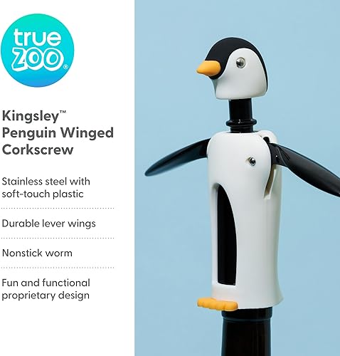 Miniatura 2 de True Zoo Penguin Gifts - Sacacorchos alados con diseño de pingüino suave al tacto, kit removedor de corcho para botella de vino, uso portátil, 8.25