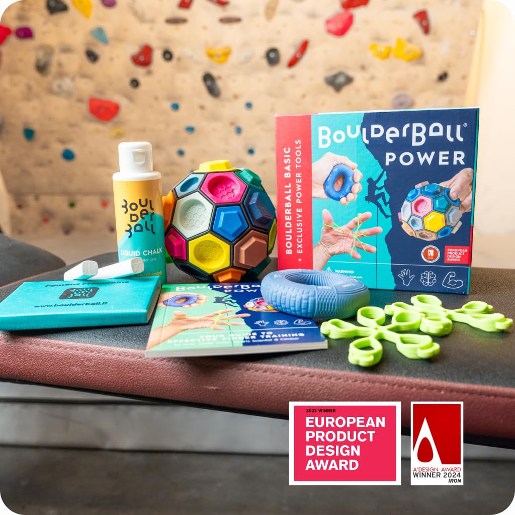 BOULDERBALL POWER Set di allenamento per la forza di dita, mano e avambraccio. Con Boulderball, anello grip, fascia estensore e piano di allenamento. Per arrampicatori, atleti e uso quotidiano.