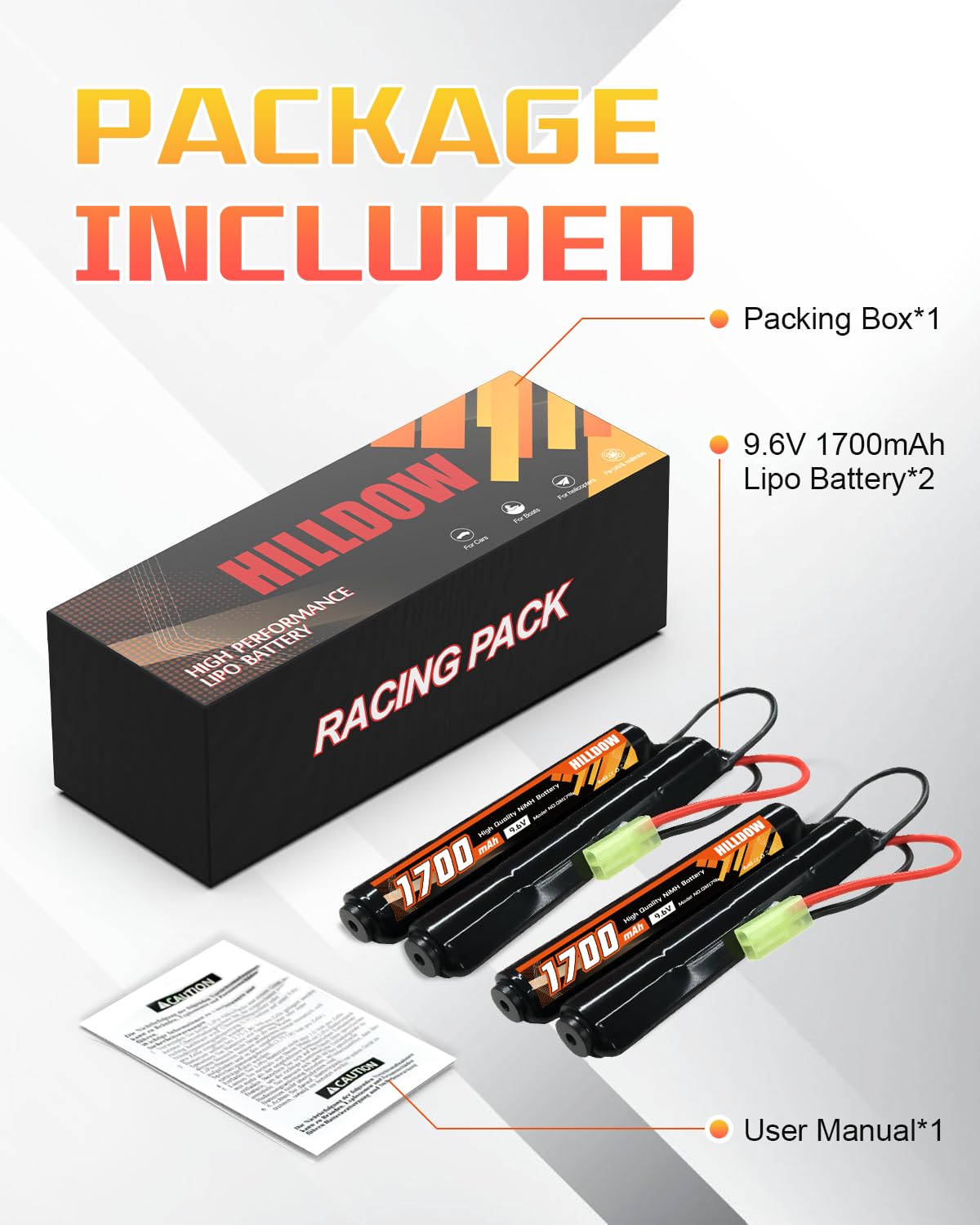 HILLDOW Batería NiMH 9.6V para Airsoft 1700mAh Batería Recargable con Miniconector TMY Batería RC para Pistolas de Airsoft(2 Paquetes)