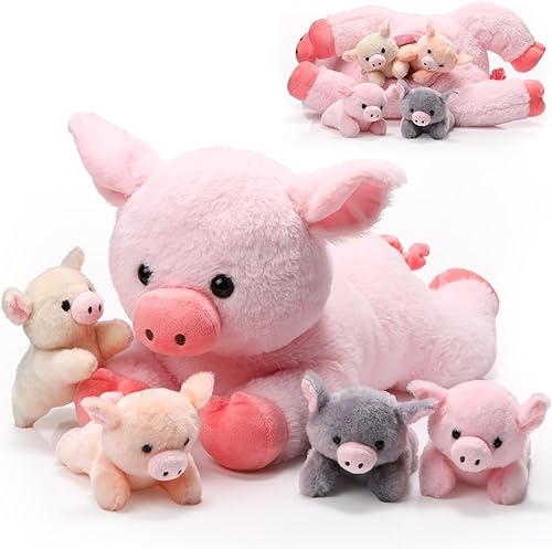 Vista 14 de 5 animales de peluche de cerdo, 12 pulgadas de peluche grande de mamá con 4 bebés pequeños en el vientre de la madre, regalos para madres, niños