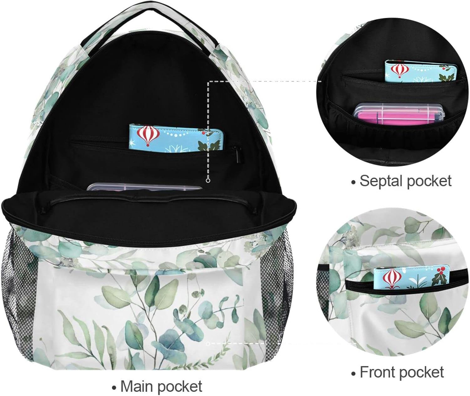 Miaoquhe Sage Green Leaves Backpacks for School Student, Watercolor Eucalyptus Leaf Laptop Backpacks for Kids Boys Girls, Floral Bookbags for Outdoors Travel Hiking Camping