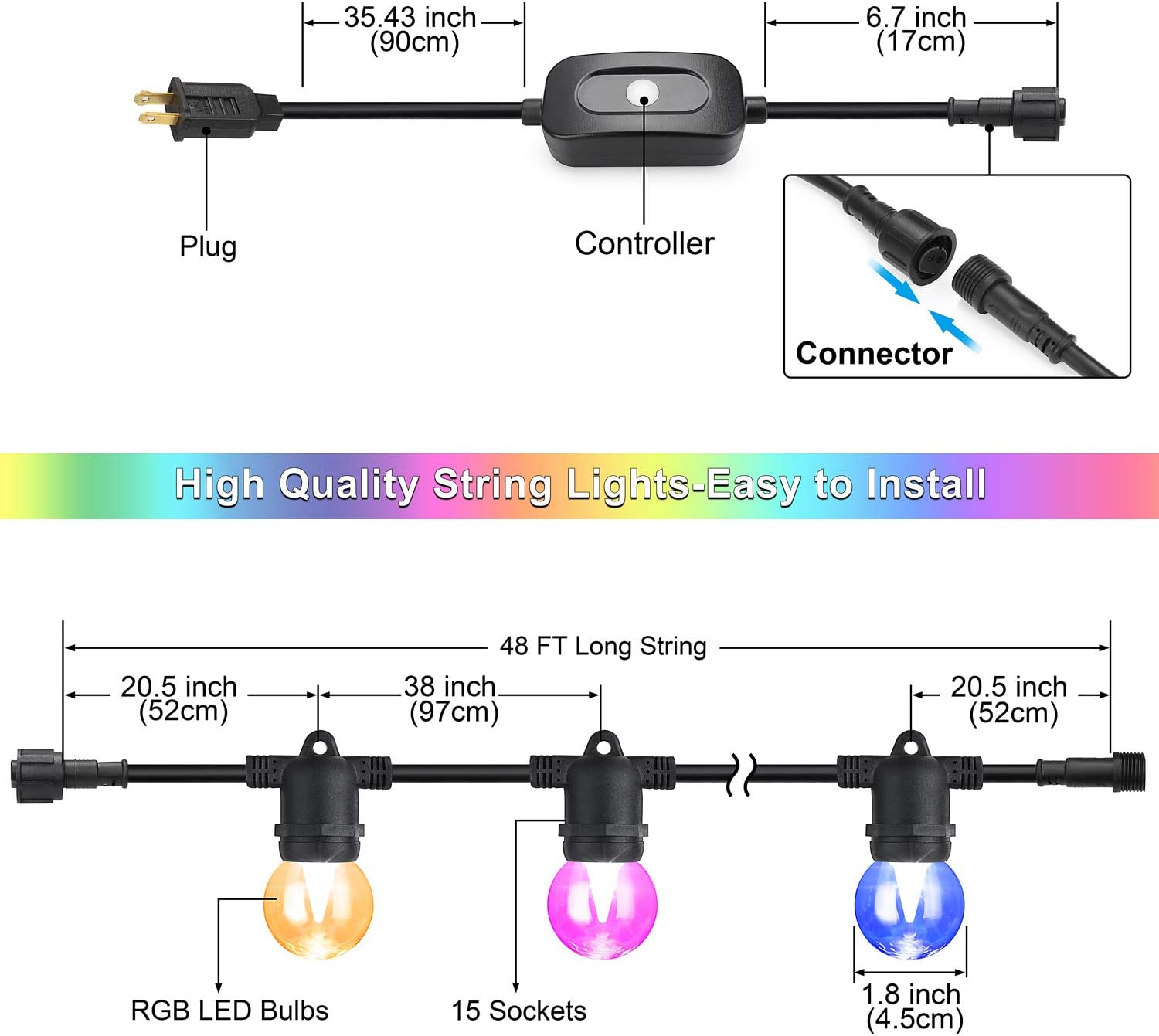 48FT Color LED Outdoor Patio Lights String,RGB String Lights with 15+3 G45 Edison Bulbs,Dimmable Commercial Patio Cafe Backyard Garden Lights,2 Remote Controls,Waterproof