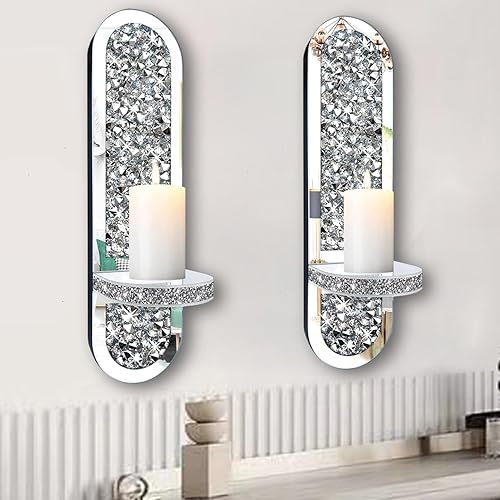 Miniatura 3 de Juego de 2 candelabros de cristal con forma de diamante, magnífico aplique de pared de espejo plateado, portavelas ovalado para decoración del