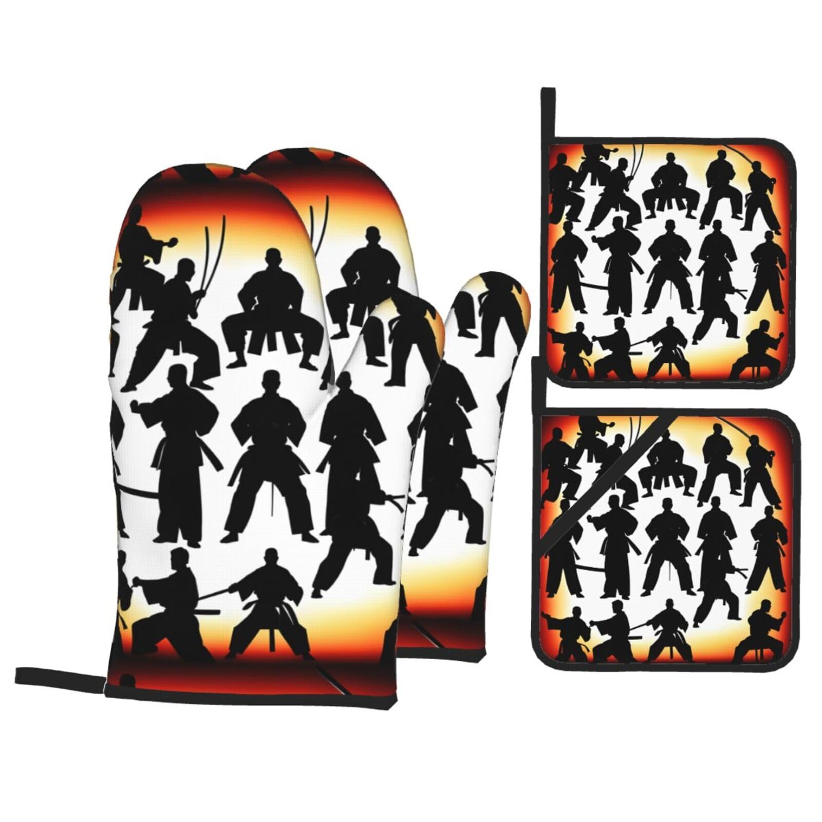 Silhouettes Of Martial Print Kitchen Oven Mitts And Pot Holders Set,Hanging Loop Design For Cooking Baking Bbq