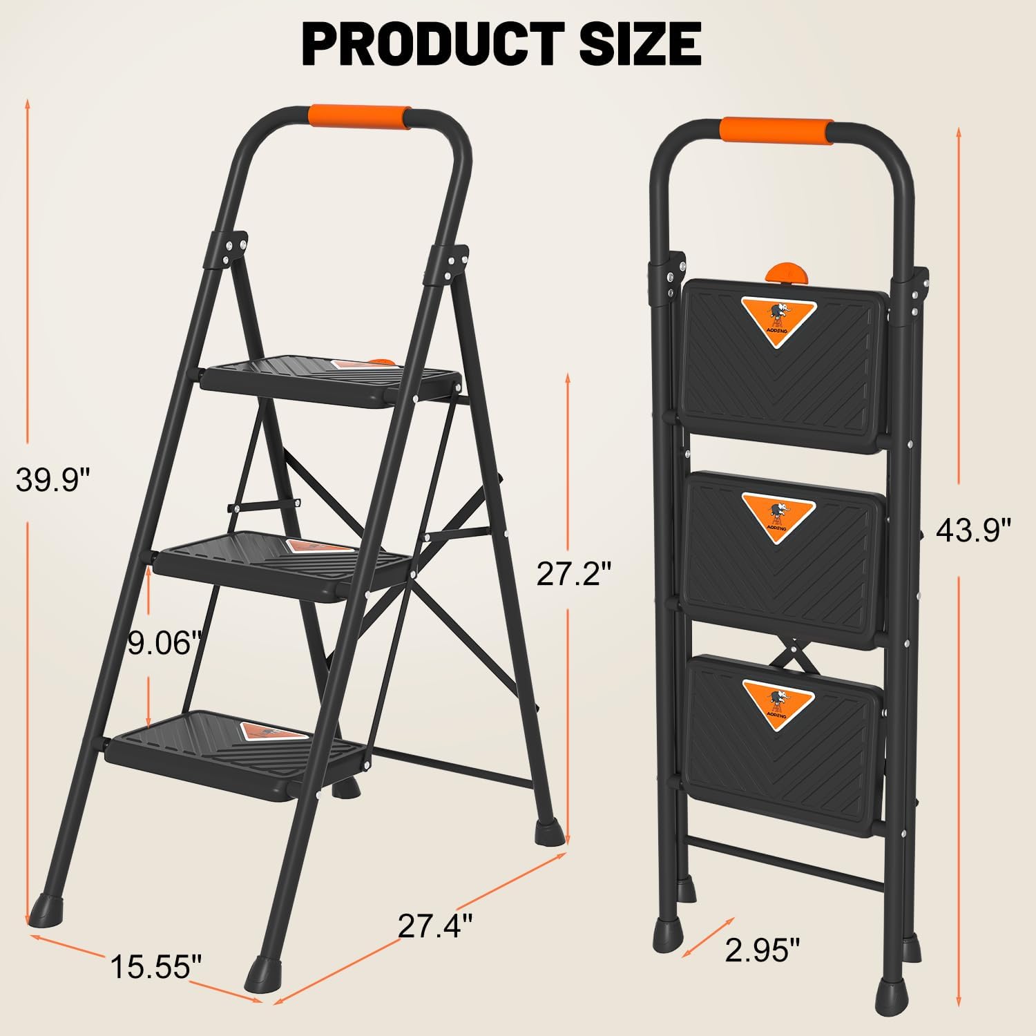 3 Step Ladder, Folding Step Stool with Extra Large & Thick Triangular Anti-Slip Pedal, Sturdy Step Ladder，600 lbs Capacity Heavy Duty Step Stool with Safety Lock for Kitchen, Garden, Home & Garage