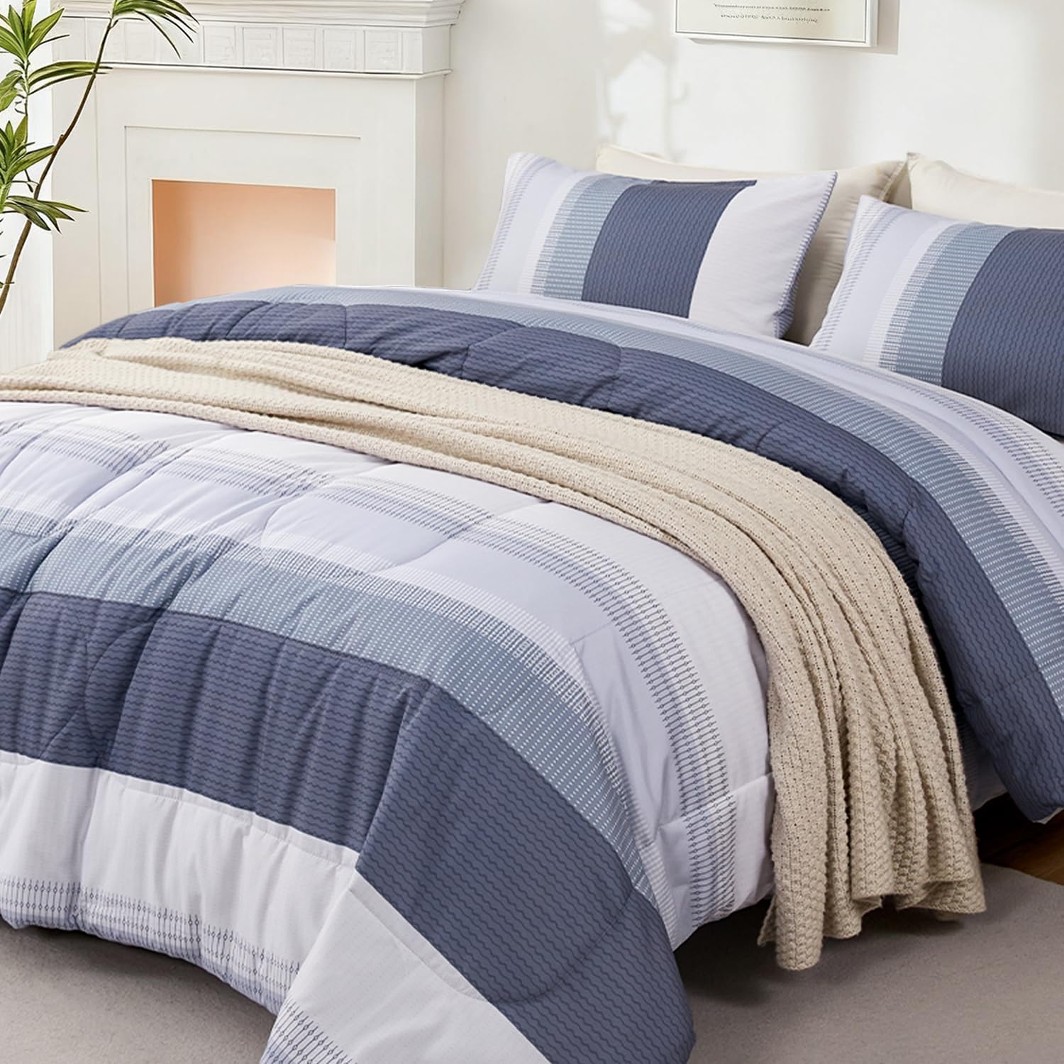 PERFEMET Full Comforter Set 3 Pieces Bedding Set All Seasons Masculine Striped Pattern Vintage Farmhouse Soft Cozy Bedroom for Elegant Men Teen Girls Boys Gray and White