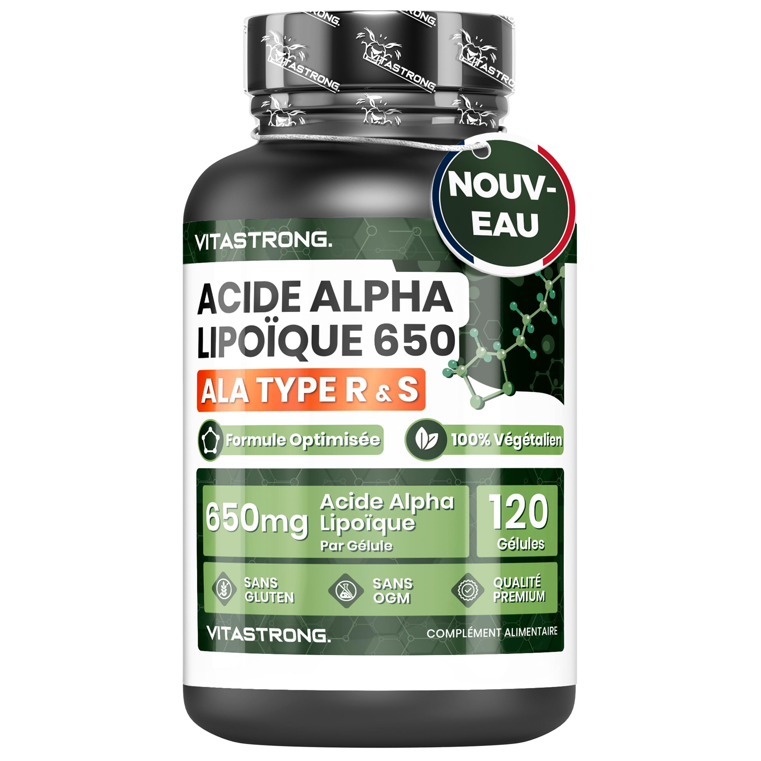 Acide Alpha-Lipoïque avec Oxyde de Zinc 650mg, Formule Optimisée d’Alpha Lipoic Acide Type R & S, Acide R Alpha Lipoique ALA et Zinc Complement Alimentaire 100% Vegan, 120 Gélules, Qualité Vitastrong