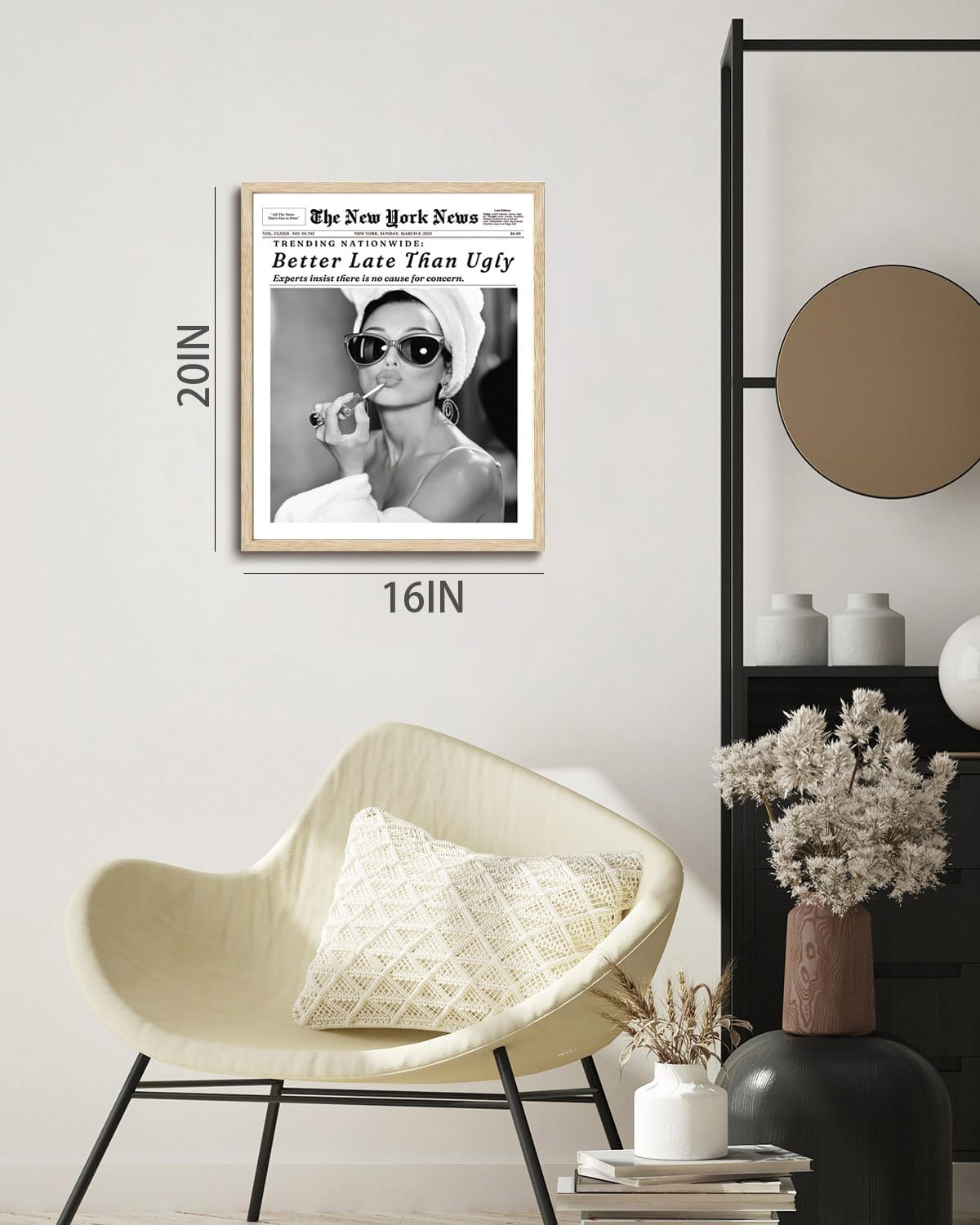 Bwodke OAK Wood Framed Wall Art Audrey Hepburn Newspaper Canvas Art Vintage Headline Pictures Wall Decor Better Late Than Ugly Prints Trendy Artwork for Girly Dorm Bedroom Bathroom 16"x20"