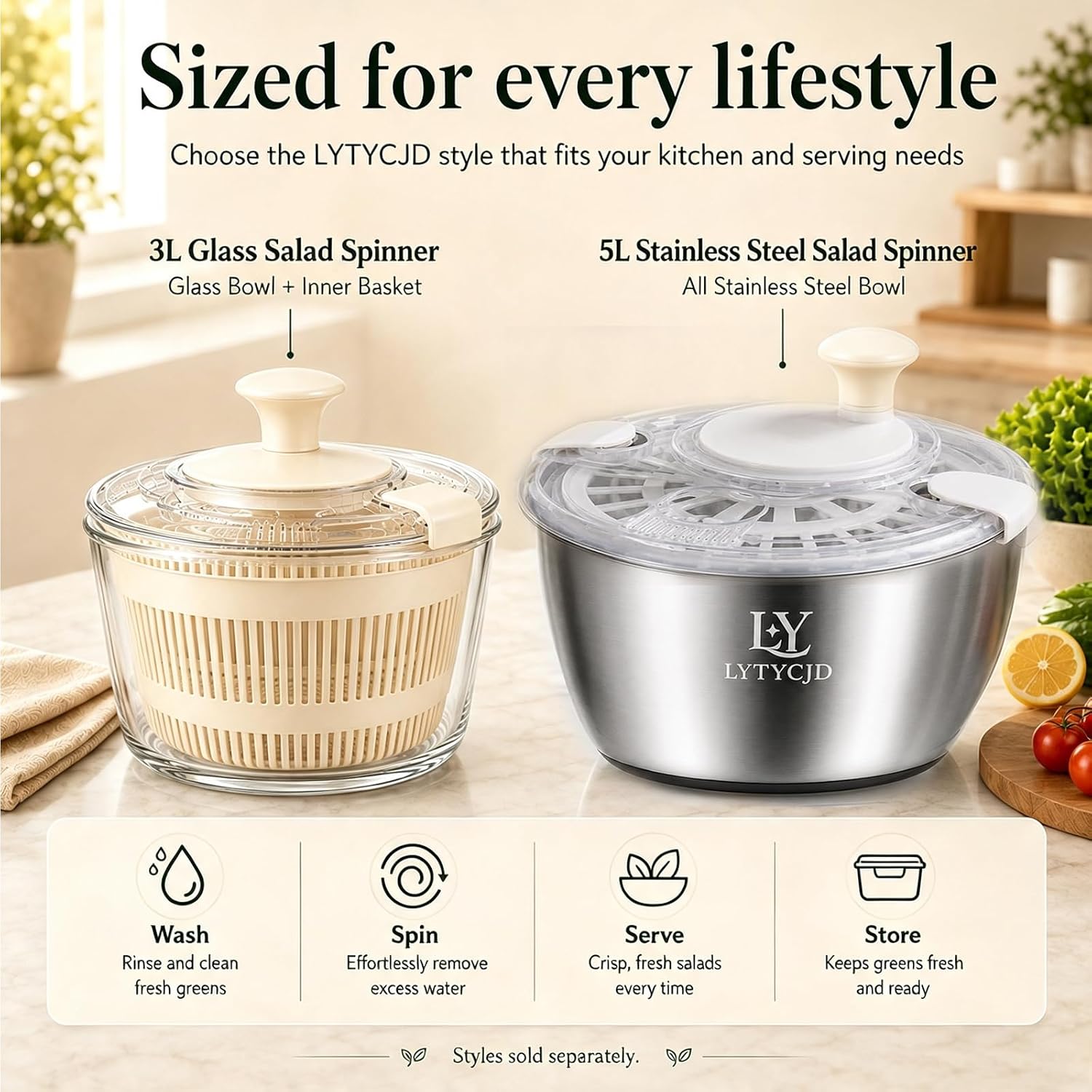 5.3 Qt Stainless Steel Salad Spinner with Storage Lid, Beige White