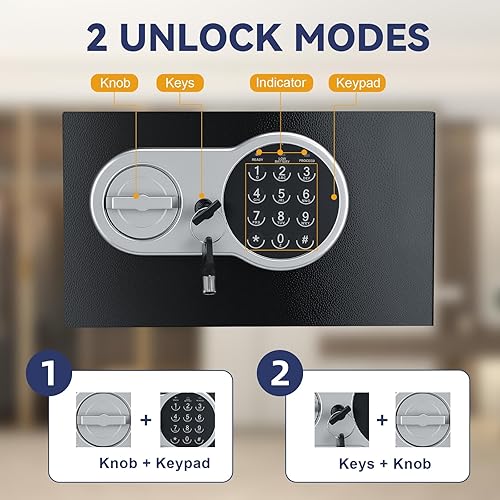 Miniatura 3 de Caja fuerte de seguridad de acero de 0.77 pies cúbicos, caja de seguridad con teclado electrónico y llaves de emergencia, caja fuerte antirrobo para