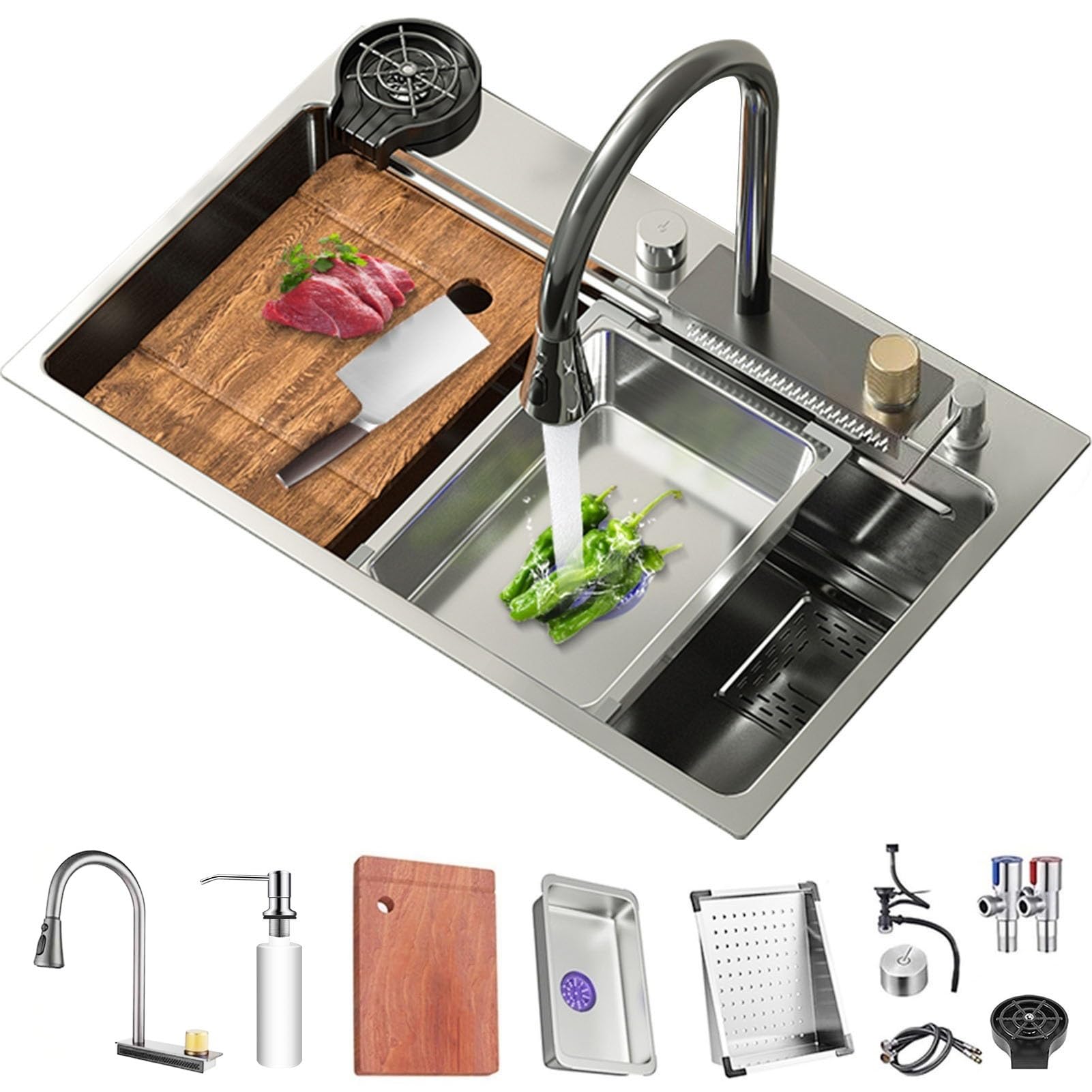 Csxsxauo Silver Stainless Steel Undermount Kitchen Sink With Pull-Out Faucet & Pressurized Cup Washer - Single Bowl Waterfall Drop-In (75X45x21cm) Durable Stylish Design