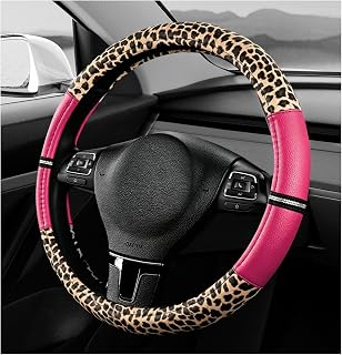 Leopard Car Steering Wheel Cover, PVC Leather Auto Wheel Protector Anti-Slip Covers, Universal Cheetah Print Cover Interior Decor Fits 14-1/2 to 15 Inch Steering Wheels (Pink)
