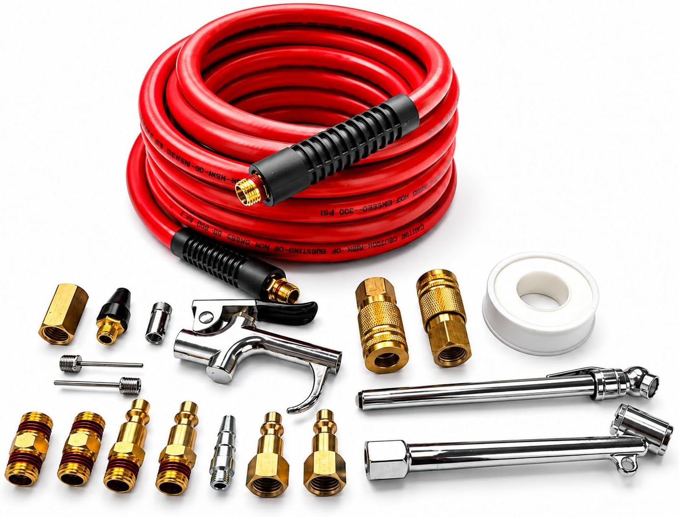 SANFU 19PCS Air Compressor Accessories Kit, 3/8"ID x 25FT Hybrid Air Compressor Hose Kit With 1/4Inch NPT Quick Connect Air Tool Fittings, For Inflation, 300 PSI(Red)