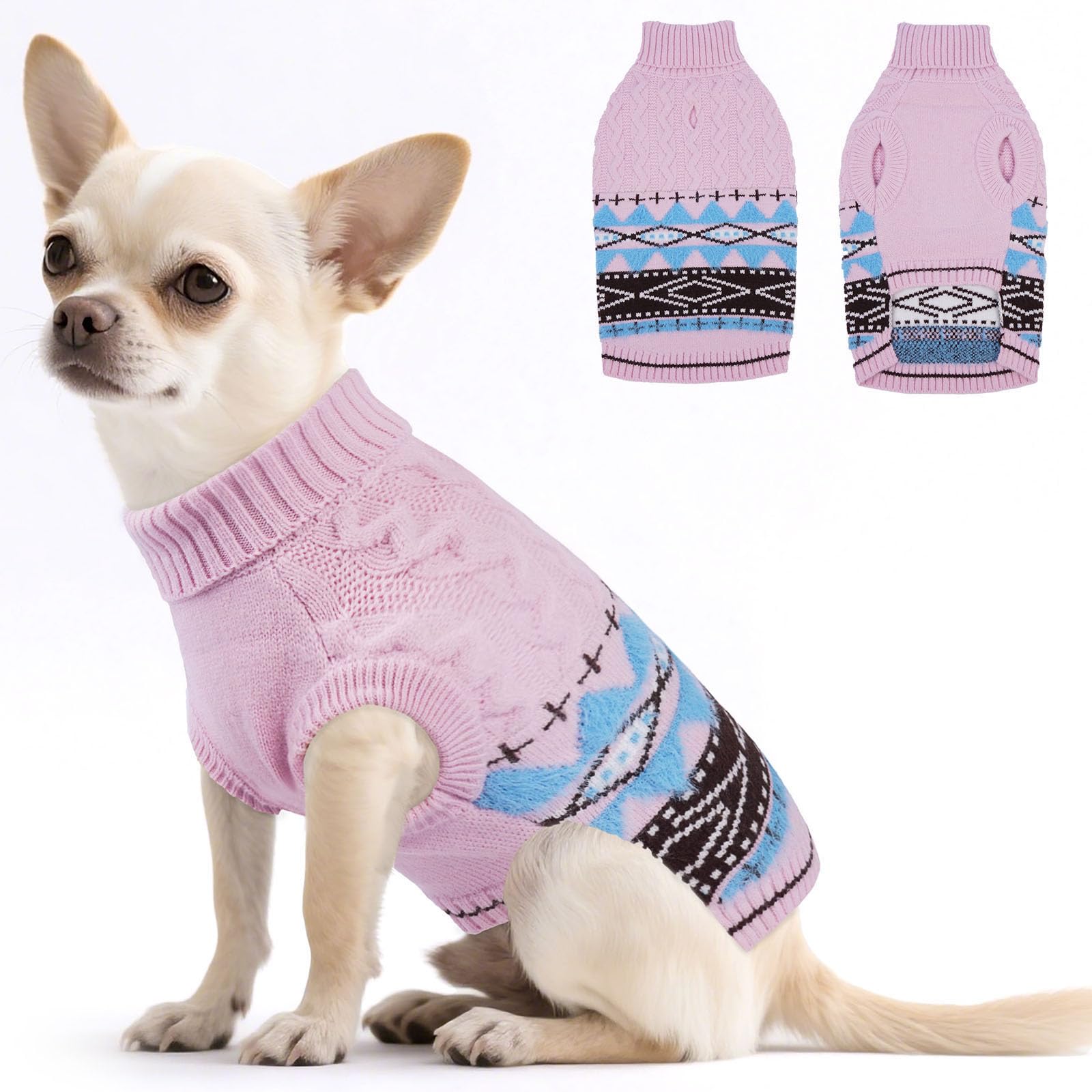 Hjumarayan Fair Isle Dog Jumper - Winter Knit Sweater with Harness Hole Stretchy Easy On/Off Christmas Jumper for Small Medium Dogs(2–54LB), Warm Chihuahua Clothes Pink XS