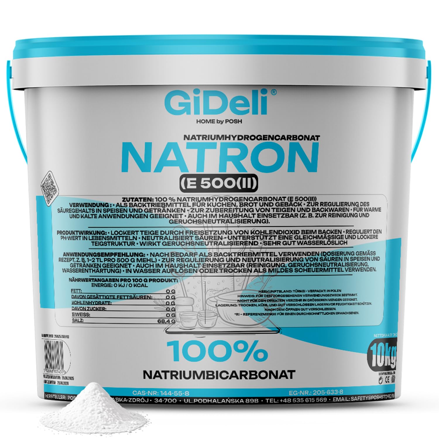 GiDeli Natron Pulver 10 kg im Eimer Lebensmittelqualität - Natriumbicarbonat ohne Zusätze - Ideal zum Koche, Backen, Waschen und Putzen - Vielseitige Anwendung im Haushalt